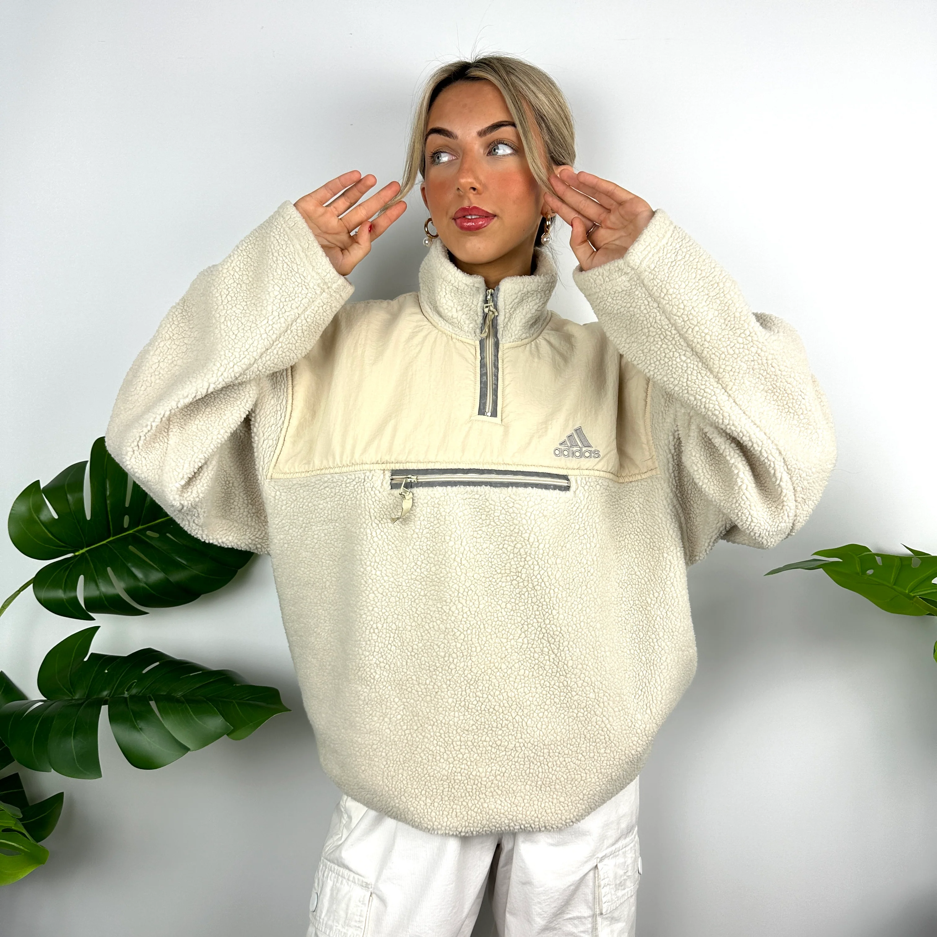 Adidas Cream Sherpa Teddy Bear Fleece Quarter Zip Sweatshirt (L) - Image 5