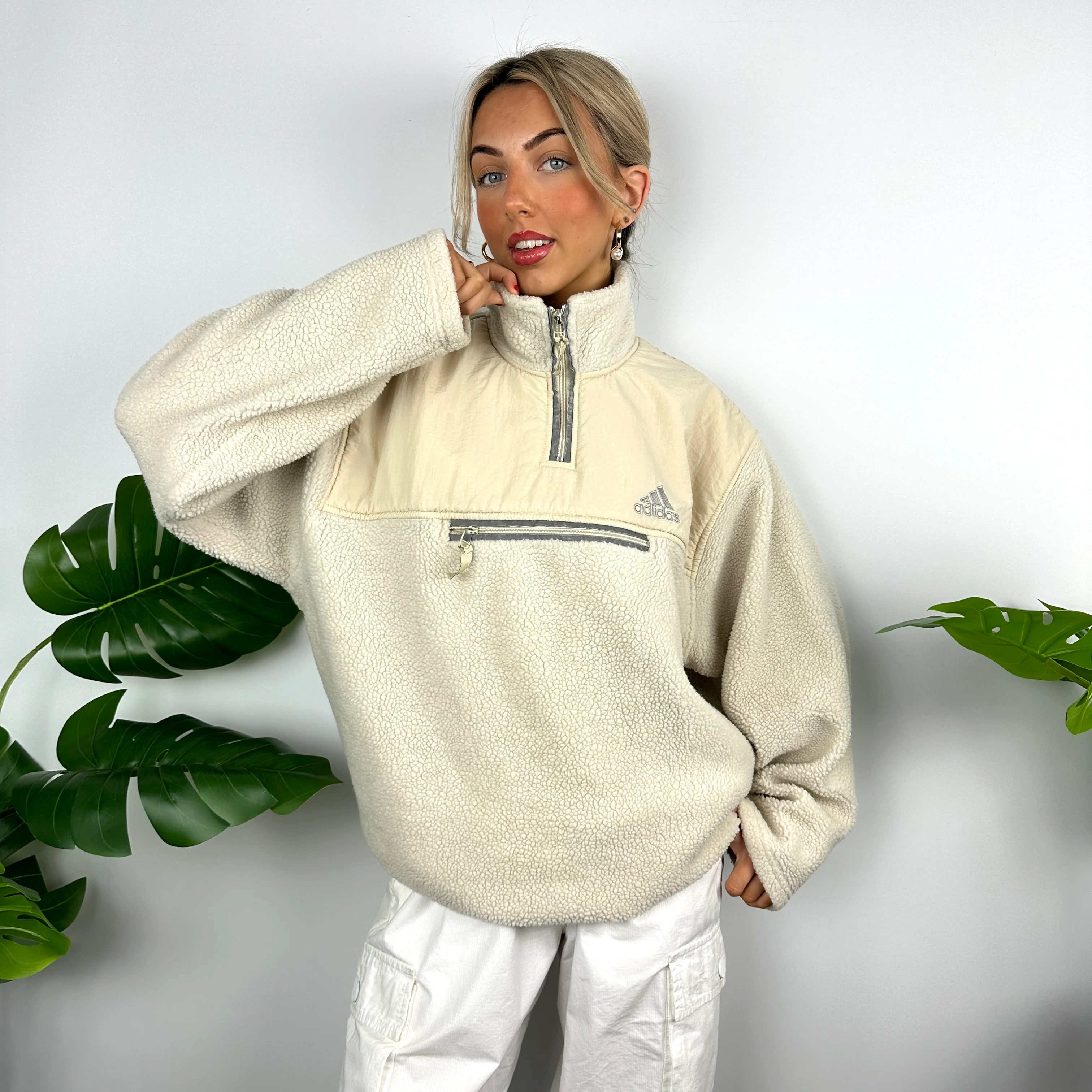 Adidas Cream Sherpa Teddy Bear Fleece Quarter Zip Sweatshirt (L) - Image 6