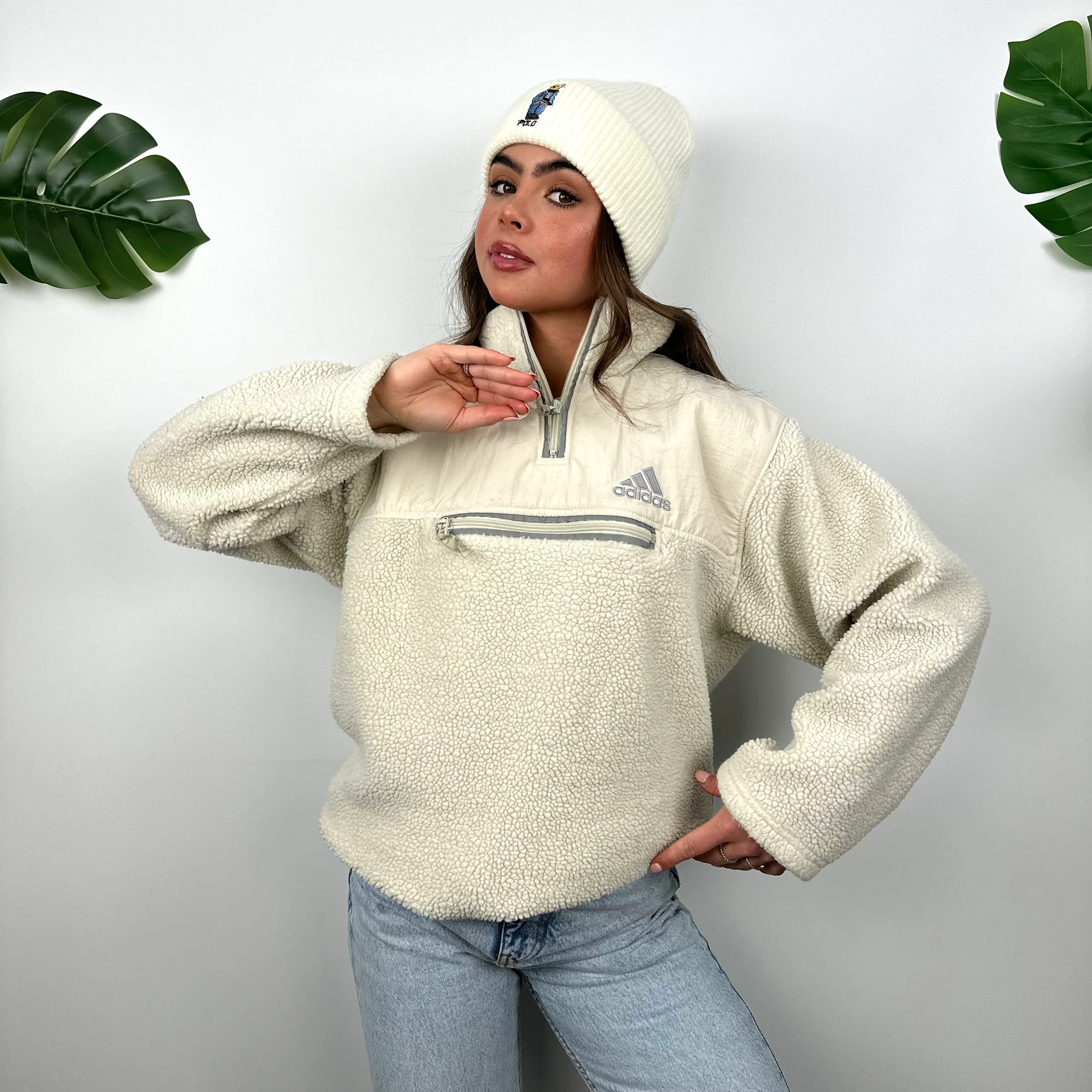 Adidas Cream Sherpa Teddy Bear Fleece Quarter Zip Sweatshirt (M) - Image 2
