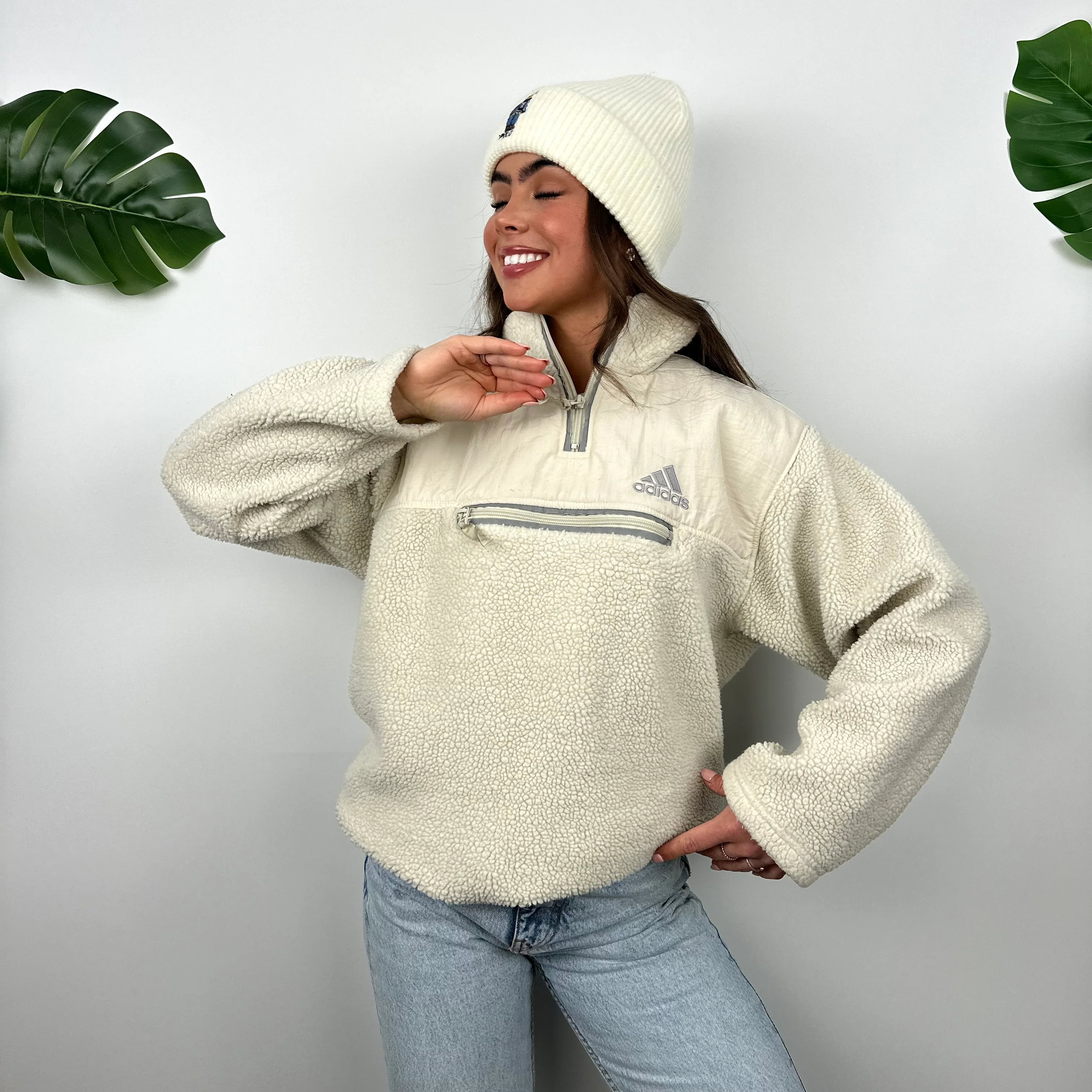 Adidas Cream Sherpa Teddy Bear Fleece Quarter Zip Sweatshirt (M) - Image 3