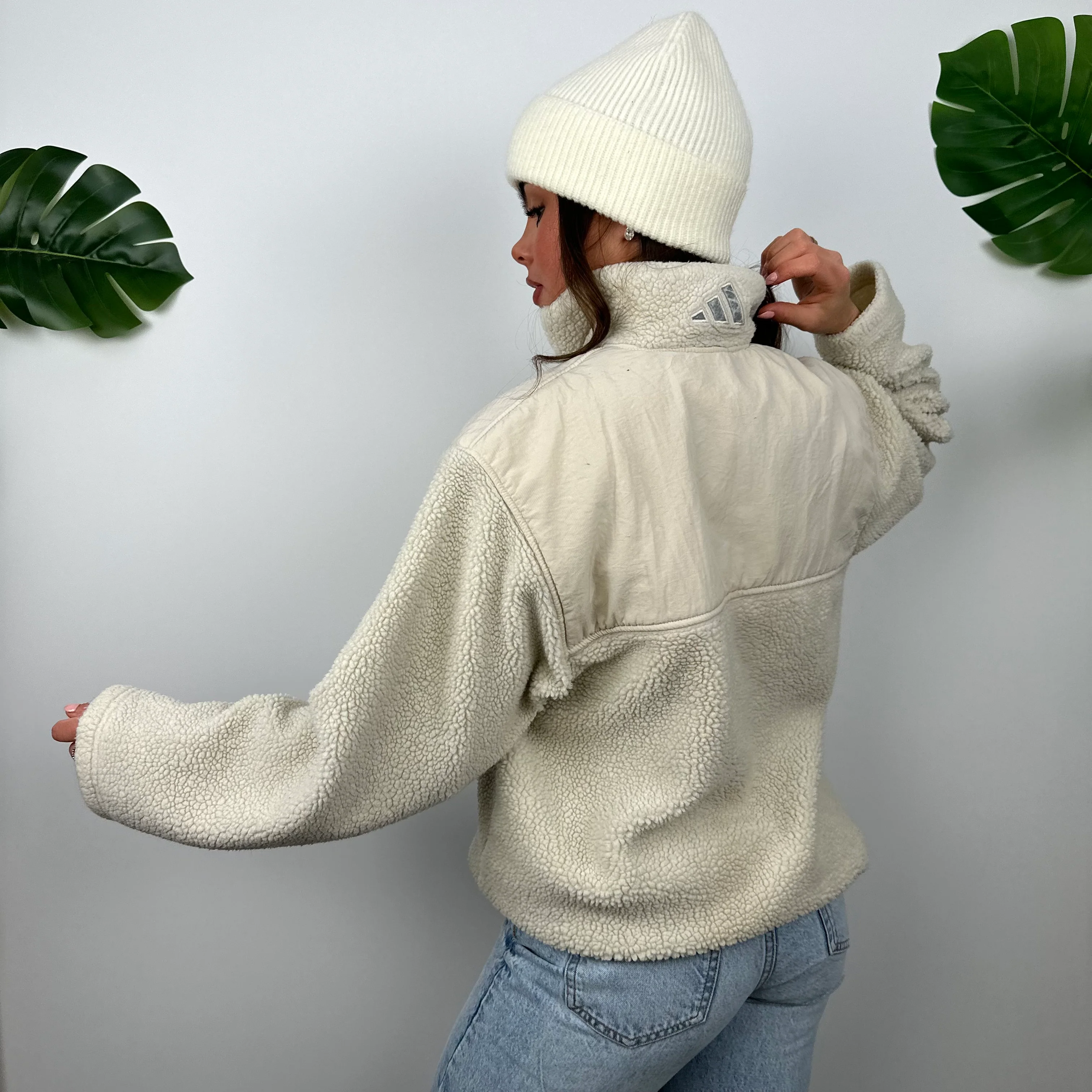 Adidas Cream Sherpa Teddy Bear Fleece Quarter Zip Sweatshirt (M) - Image 6
