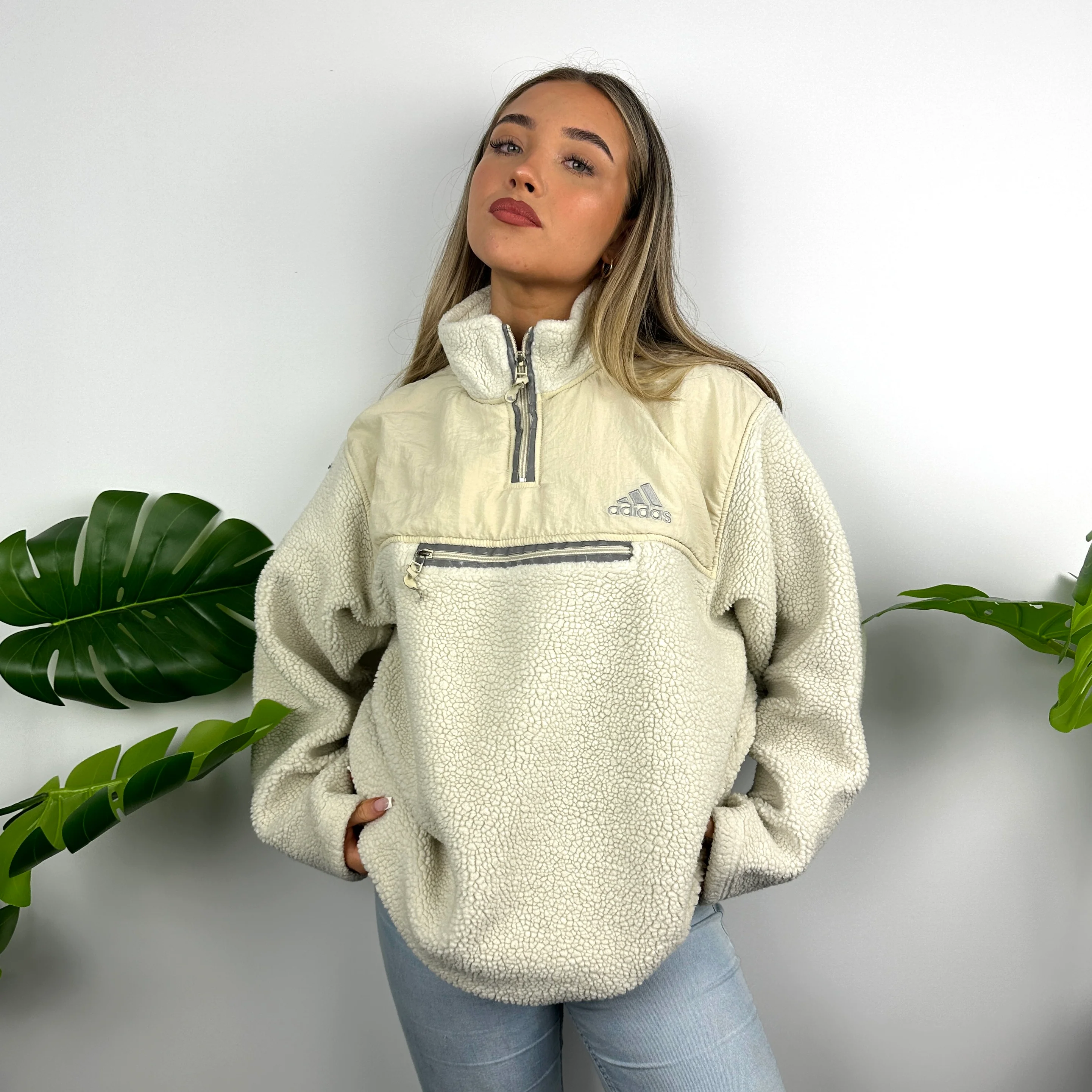 Adidas Cream Sherpa Teddy Bear Fleece Quarter Zip Sweatshirt (M) - Image 4