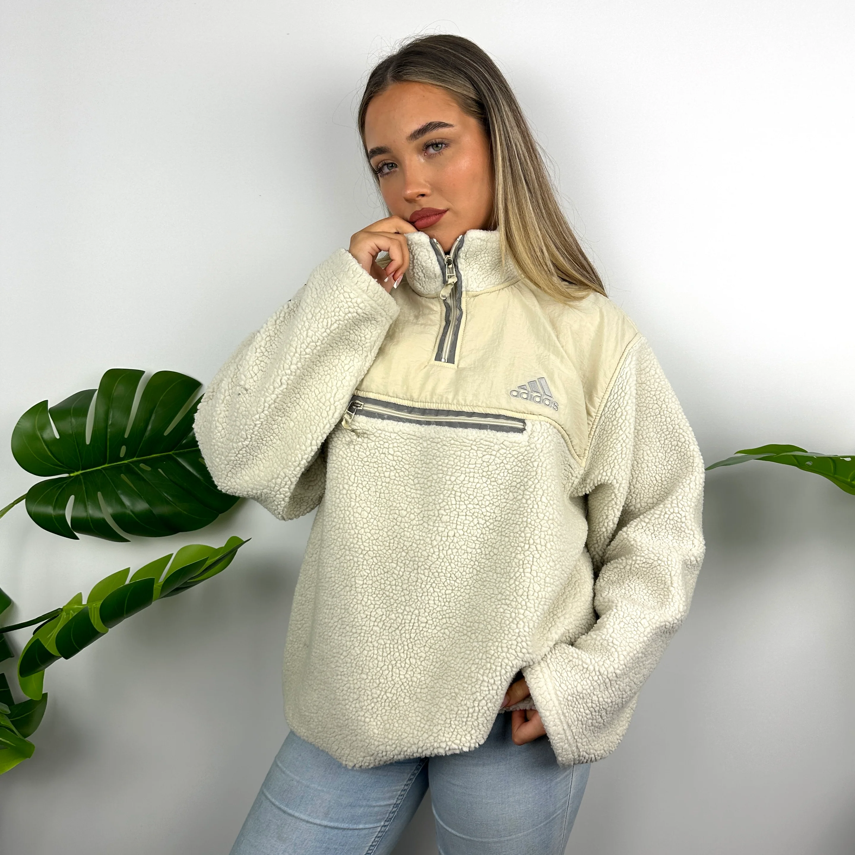 Adidas Cream Sherpa Teddy Bear Fleece Quarter Zip Sweatshirt (M) - Image 5