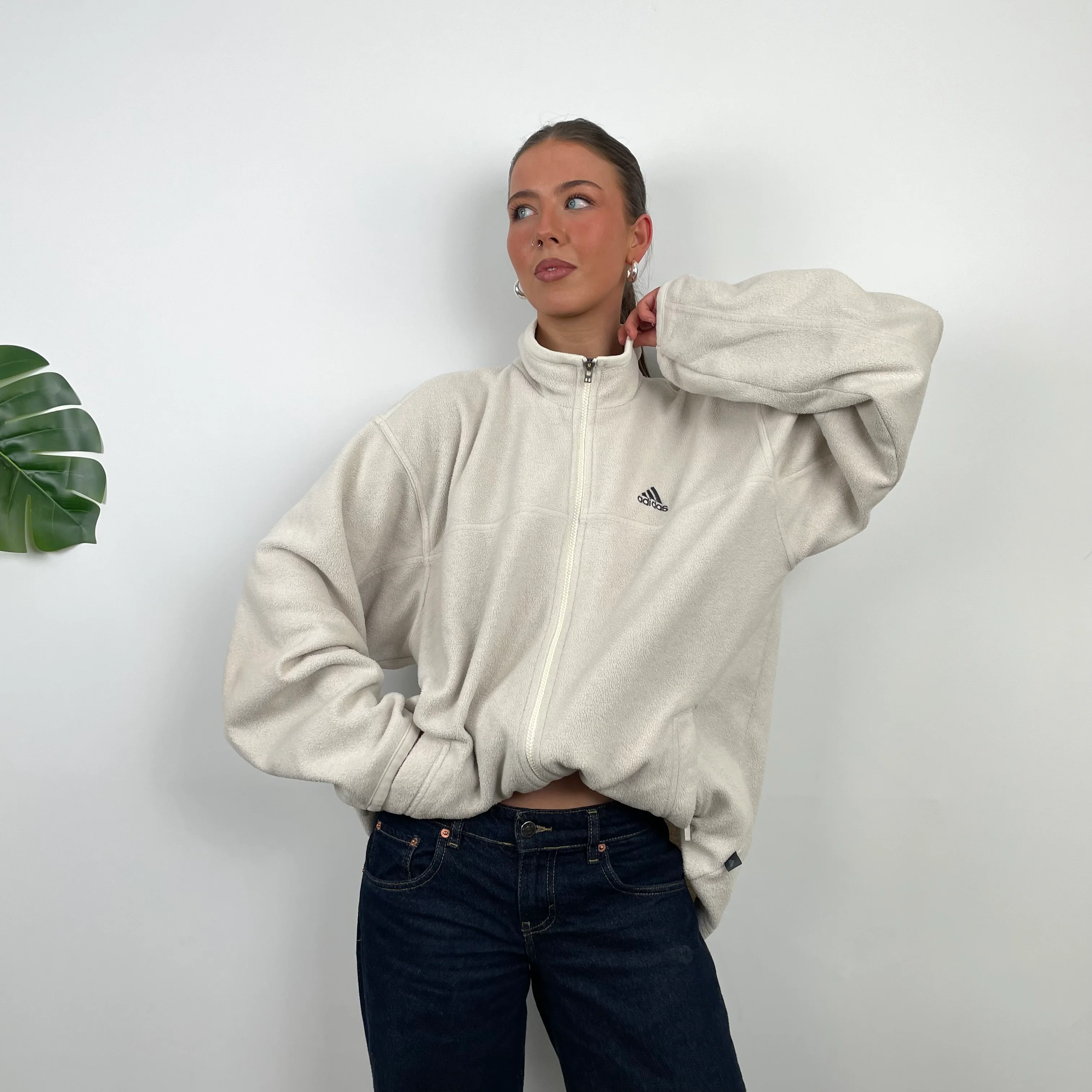 Adidas Cream Teddy Bear Fleece Zip Up Sweatshirt Jacket (L) - Image 3