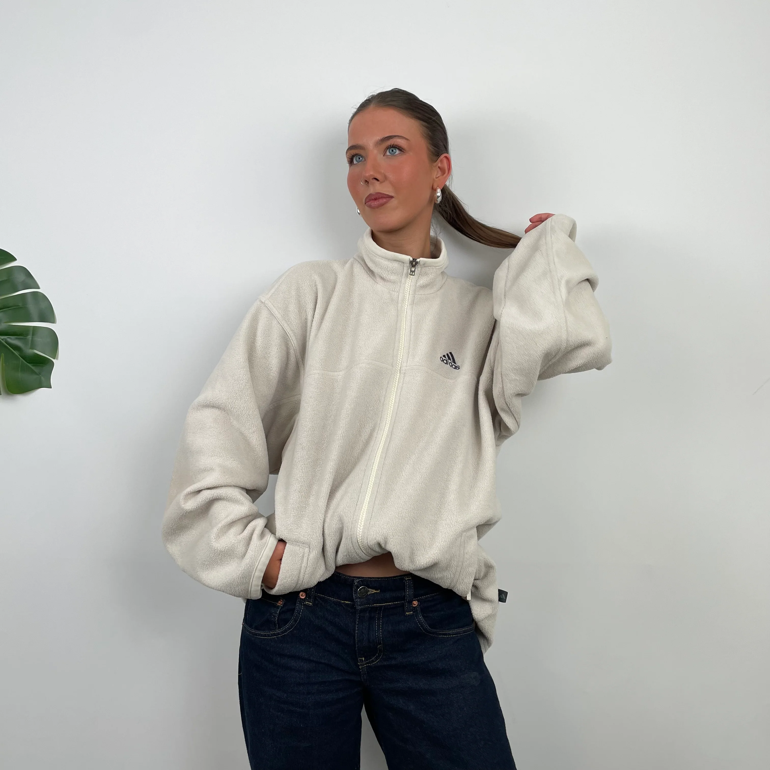 Adidas Cream Teddy Bear Fleece Zip Up Sweatshirt Jacket (L) - Image 4