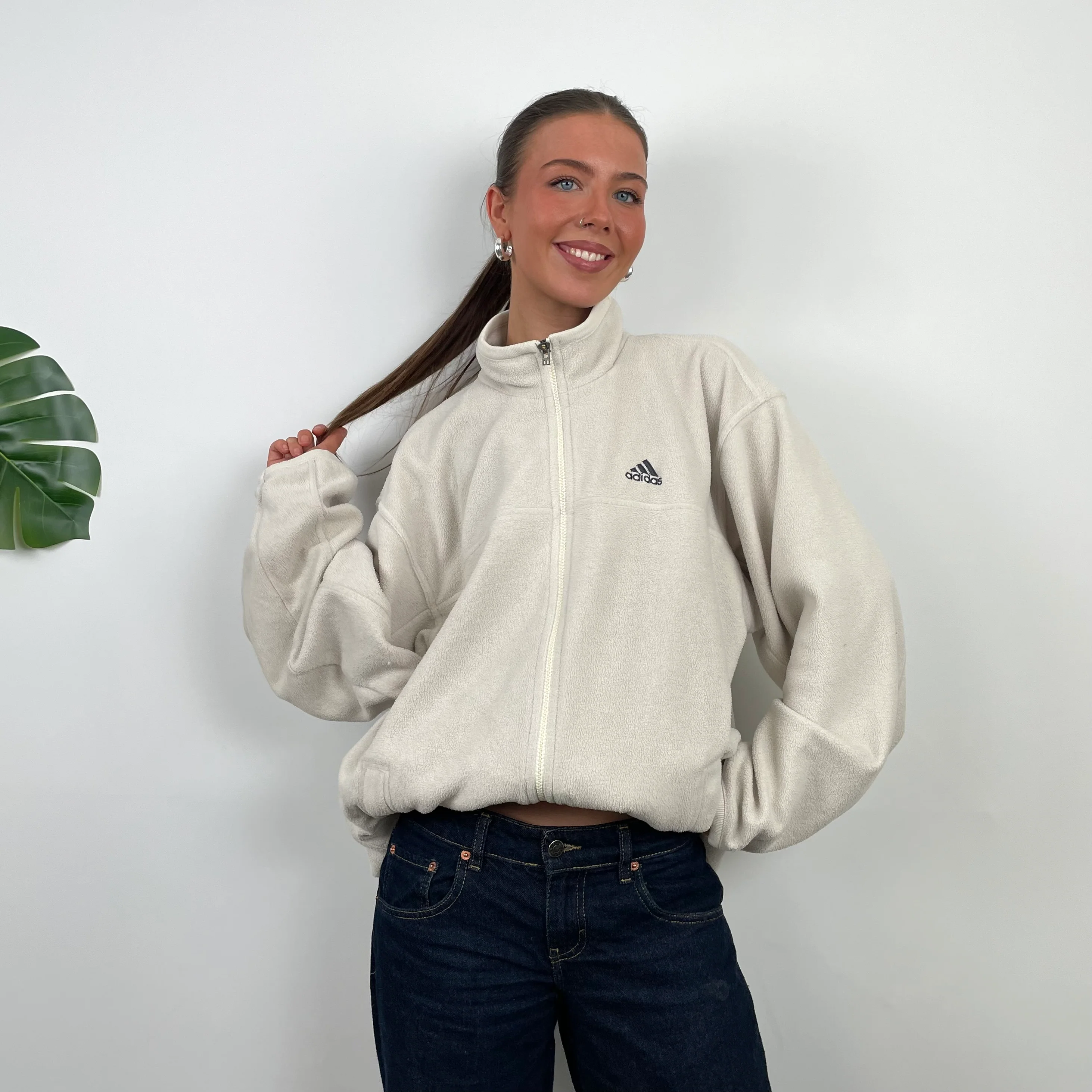 Adidas Cream Teddy Bear Fleece Zip Up Sweatshirt Jacket (L) - Image 5