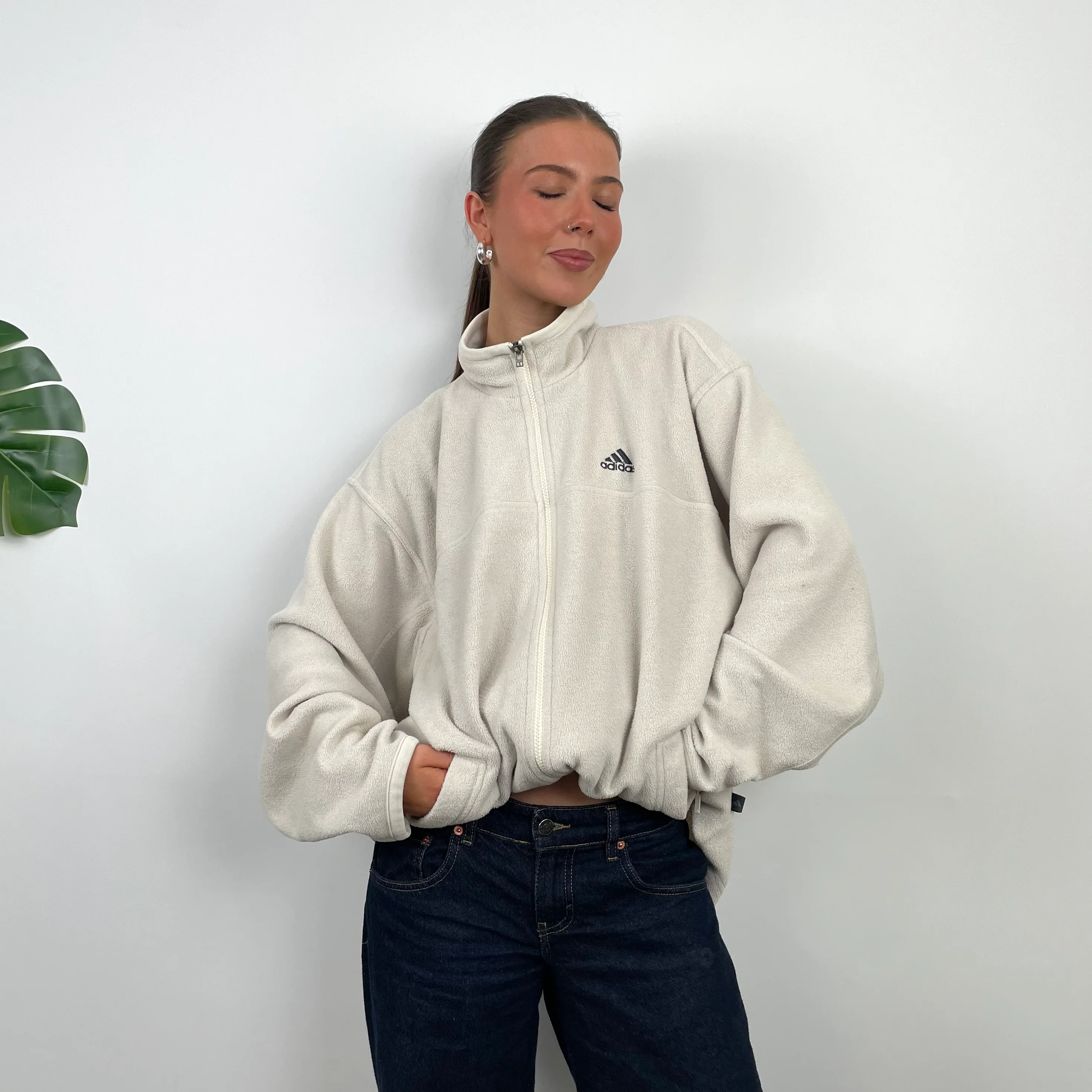 Adidas Cream Teddy Bear Fleece Zip Up Sweatshirt Jacket (L) - Image 6