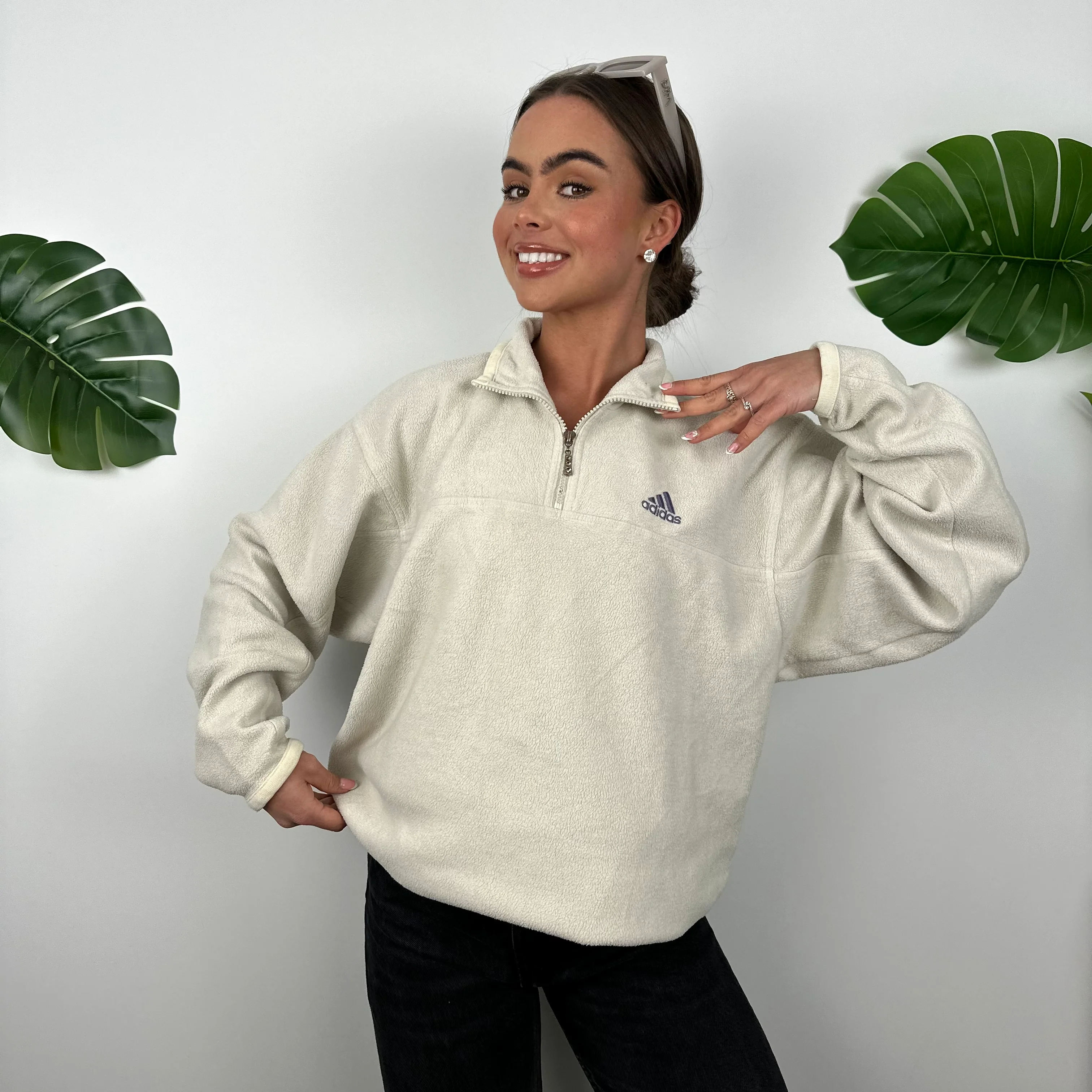 Adidas Cream Teddy Bear Fleece Quarter Zip Sweatshirt (M)