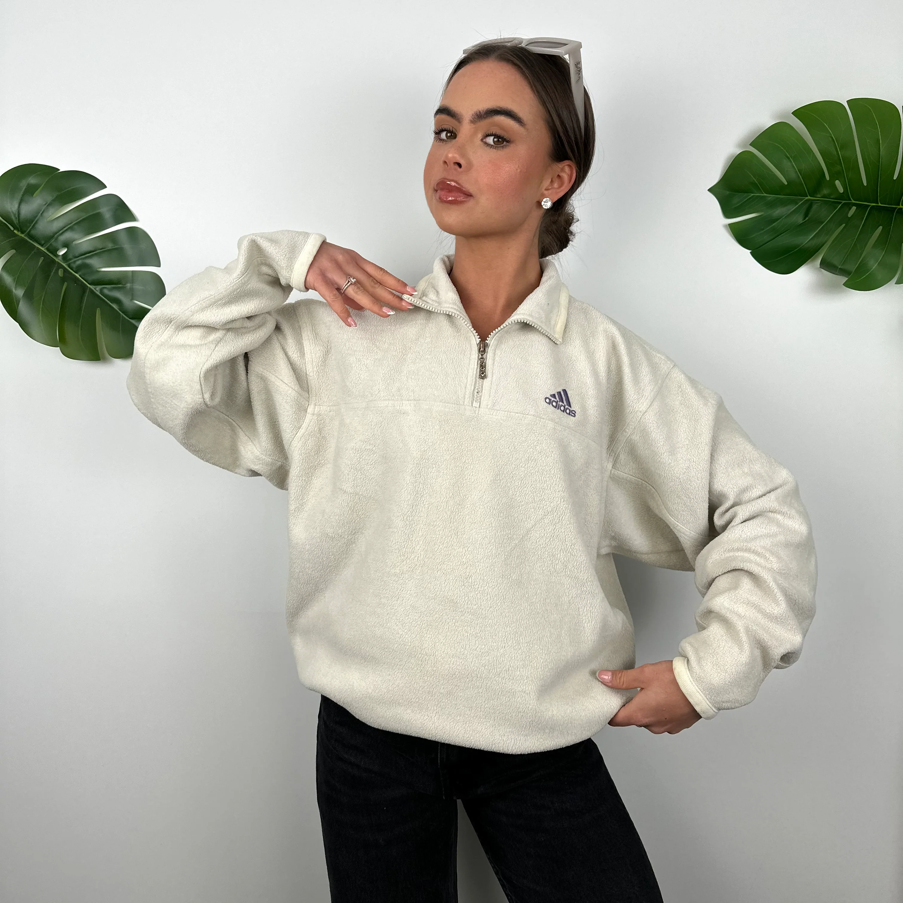 Adidas Cream Teddy Bear Fleece Quarter Zip Sweatshirt (M) - Image 6