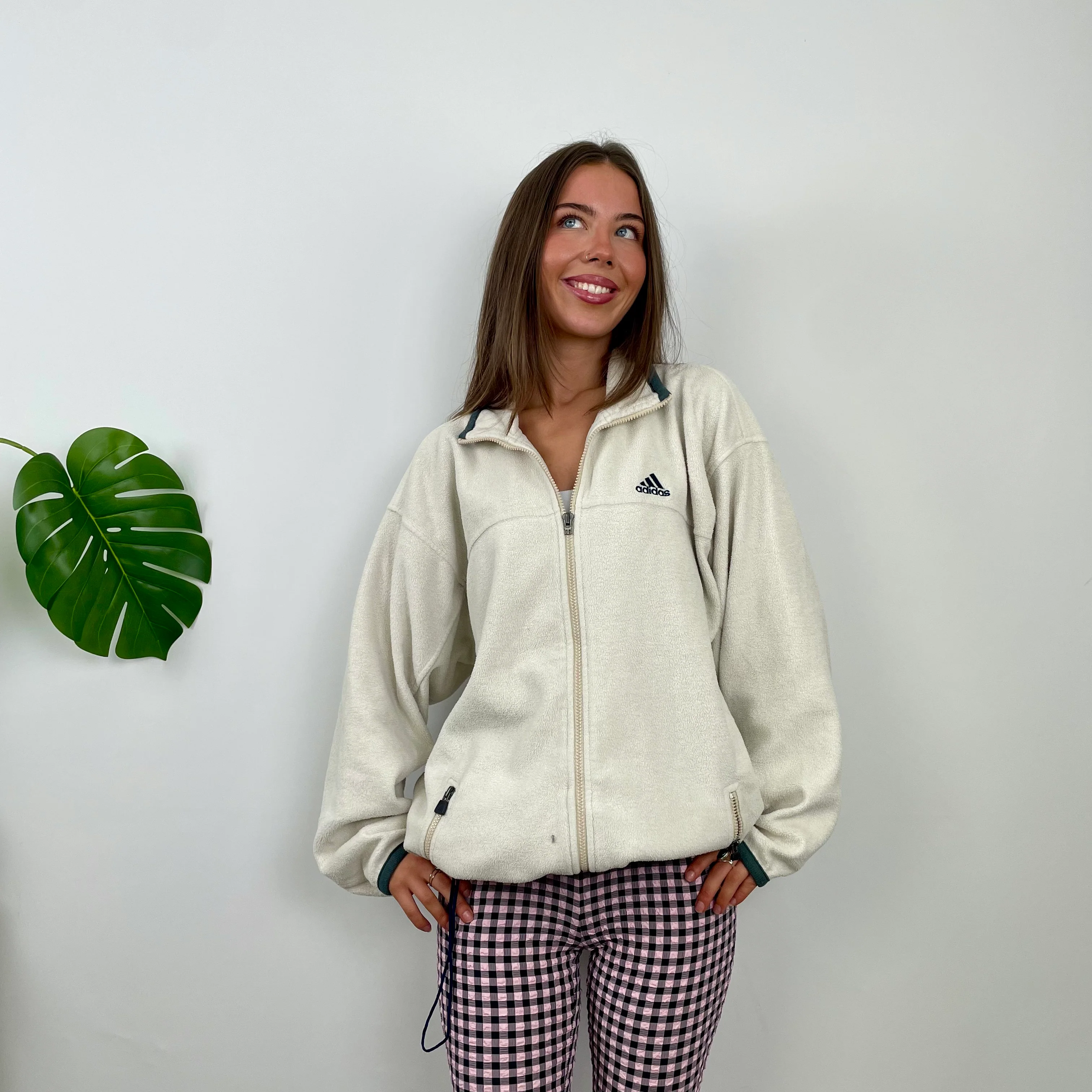 Adidas Cream Teddy Bear Fleece Zip Up Sweatshirt Jacket (XL) - Image 2