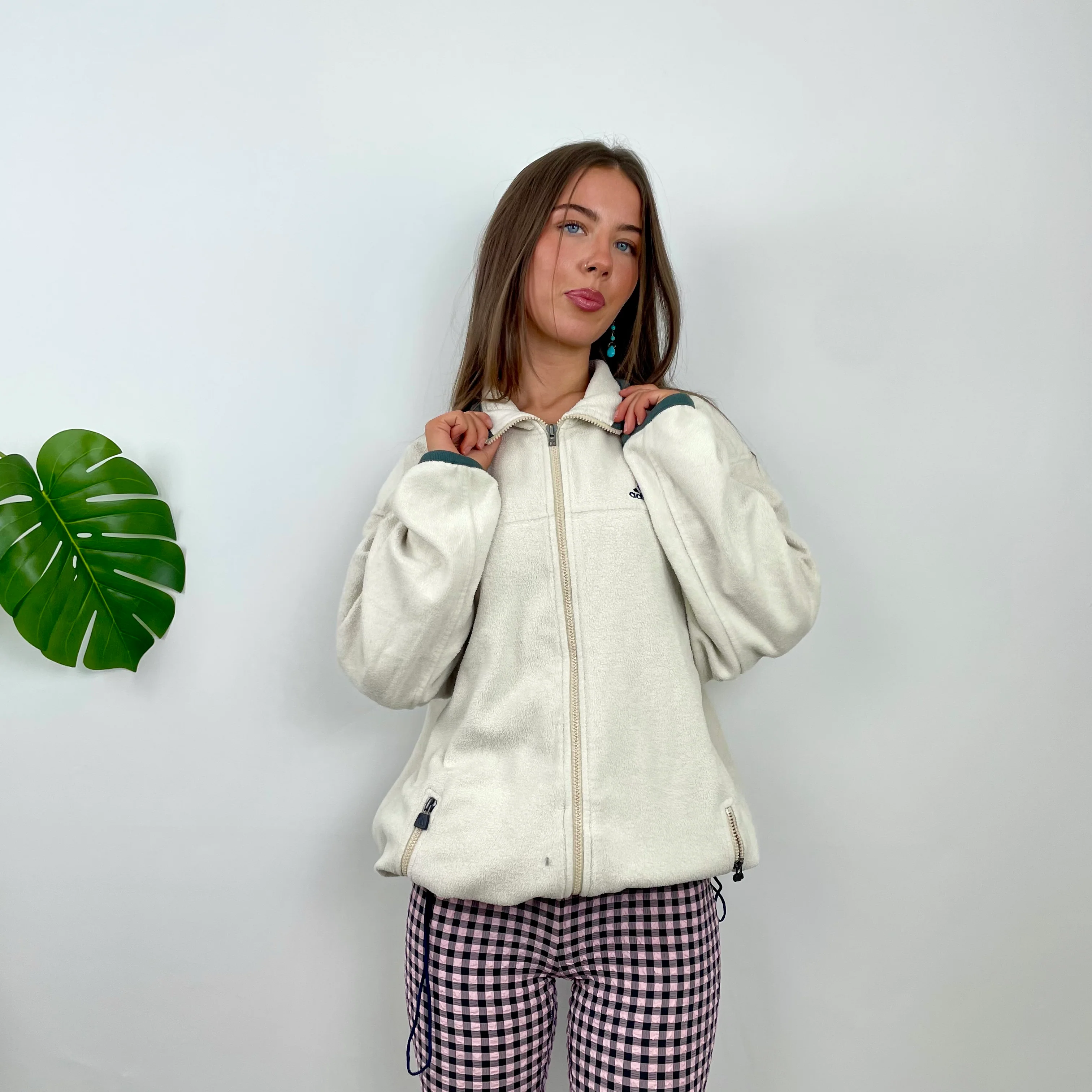 Adidas Cream Teddy Bear Fleece Zip Up Sweatshirt Jacket (XL) - Image 5