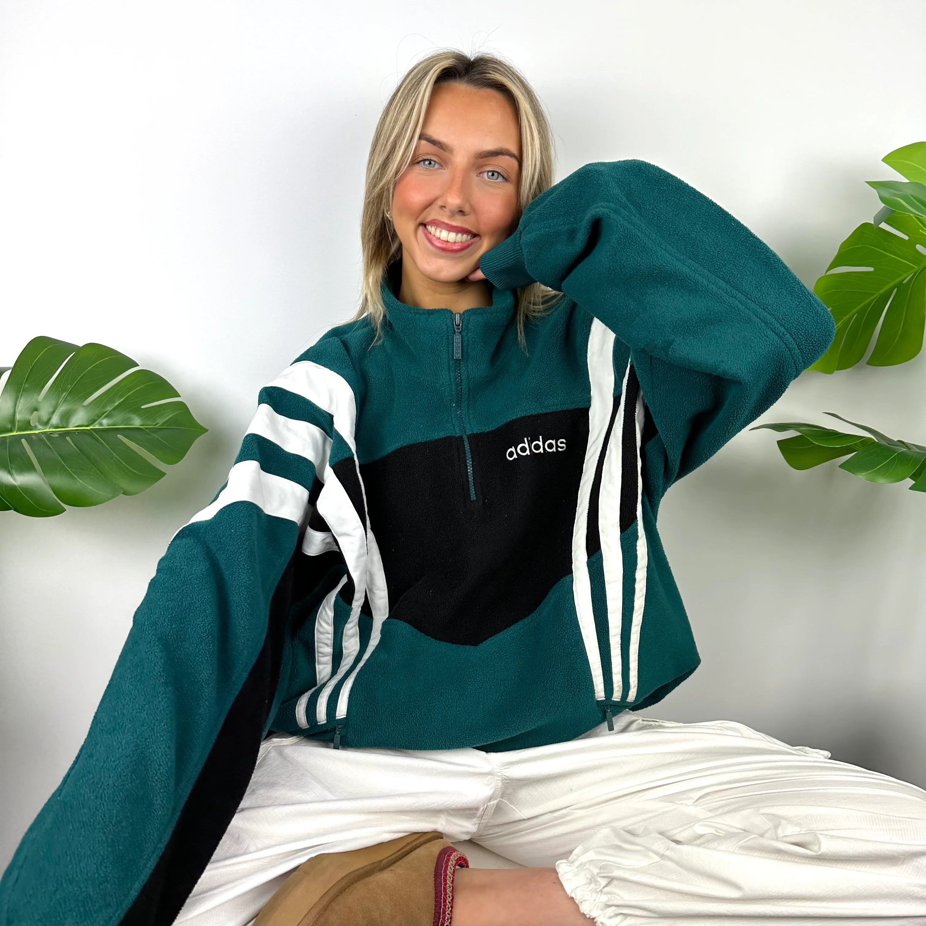 Adidas Embroidered Spell Out Colour Block Teddy Bear Fleece Quarter Zip (XL) - Image 6