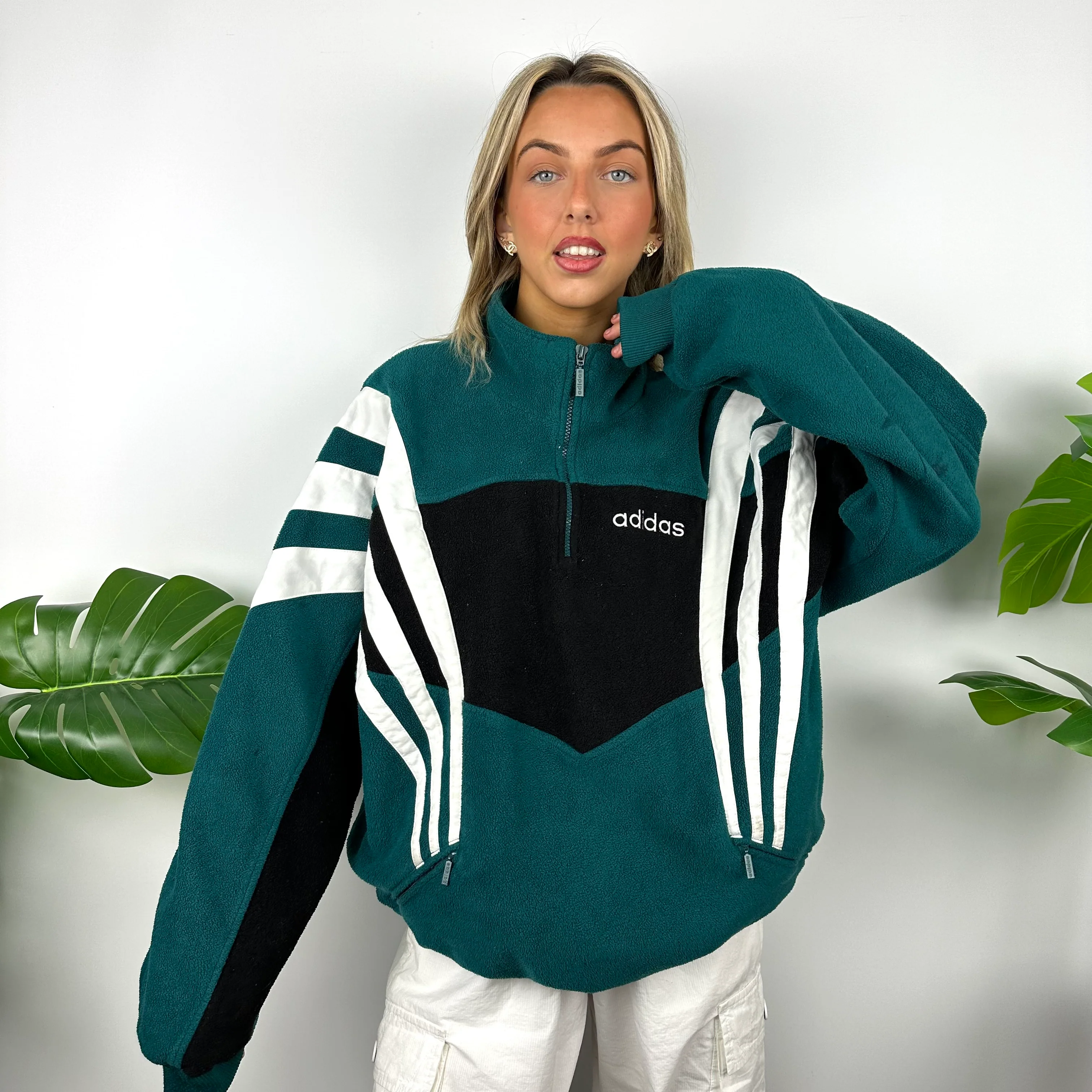 Adidas Embroidered Spell Out Colour Block Teddy Bear Fleece Quarter Zip (XL) - Image 8