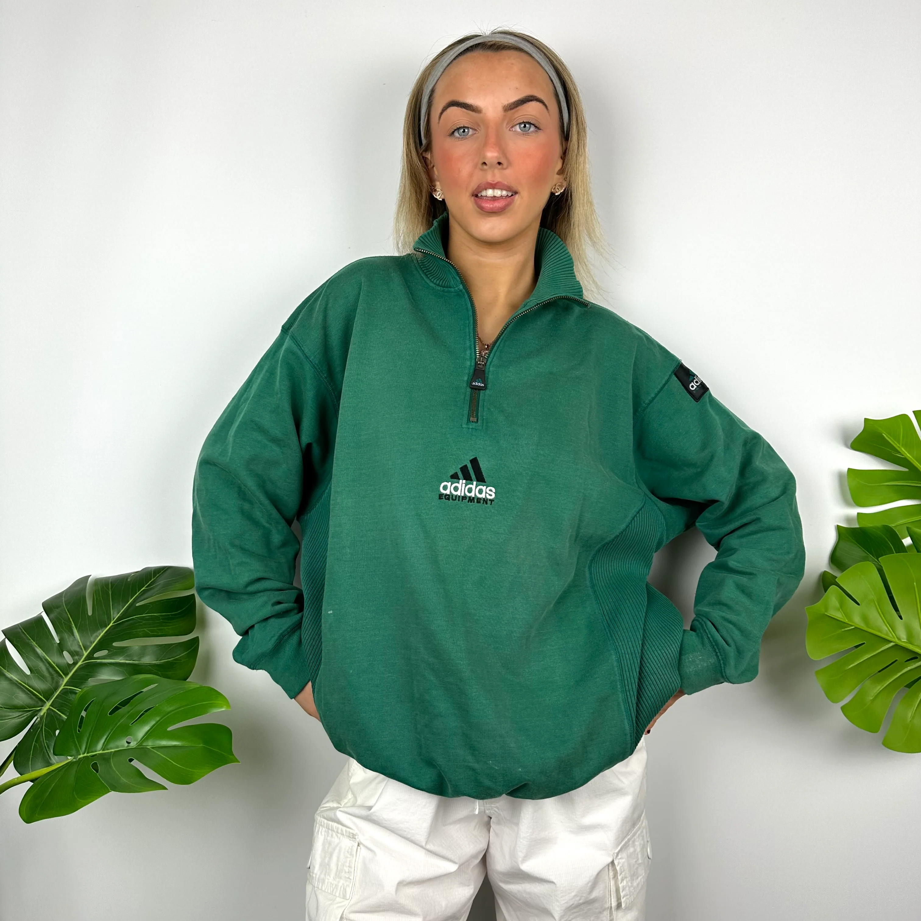 Adidas Equipment Emerald Green Embroidered Spell Out Quarter Zip Sweatshirt (M)