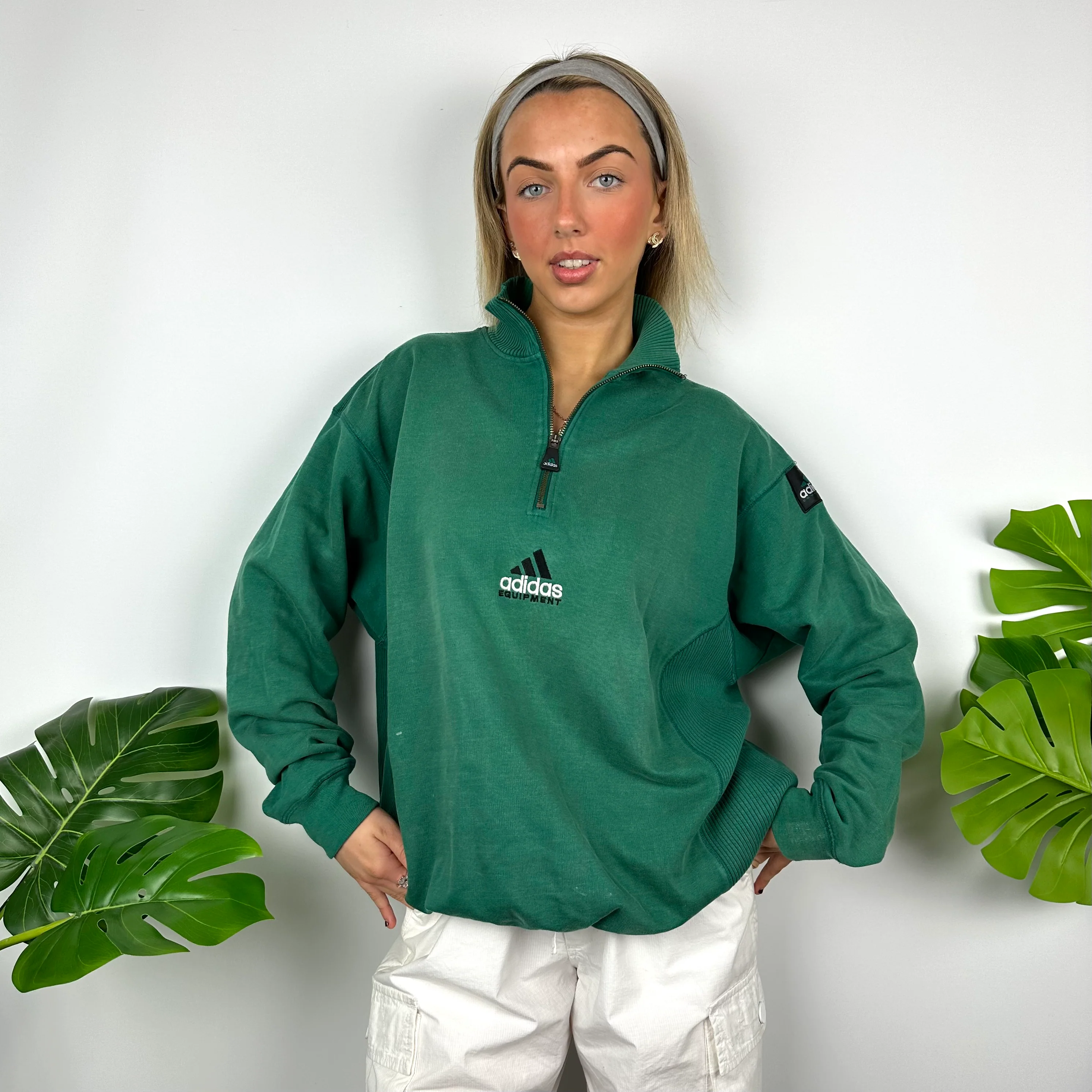 Adidas Equipment Emerald Green Embroidered Spell Out Quarter Zip Sweatshirt (M) - Image 5
