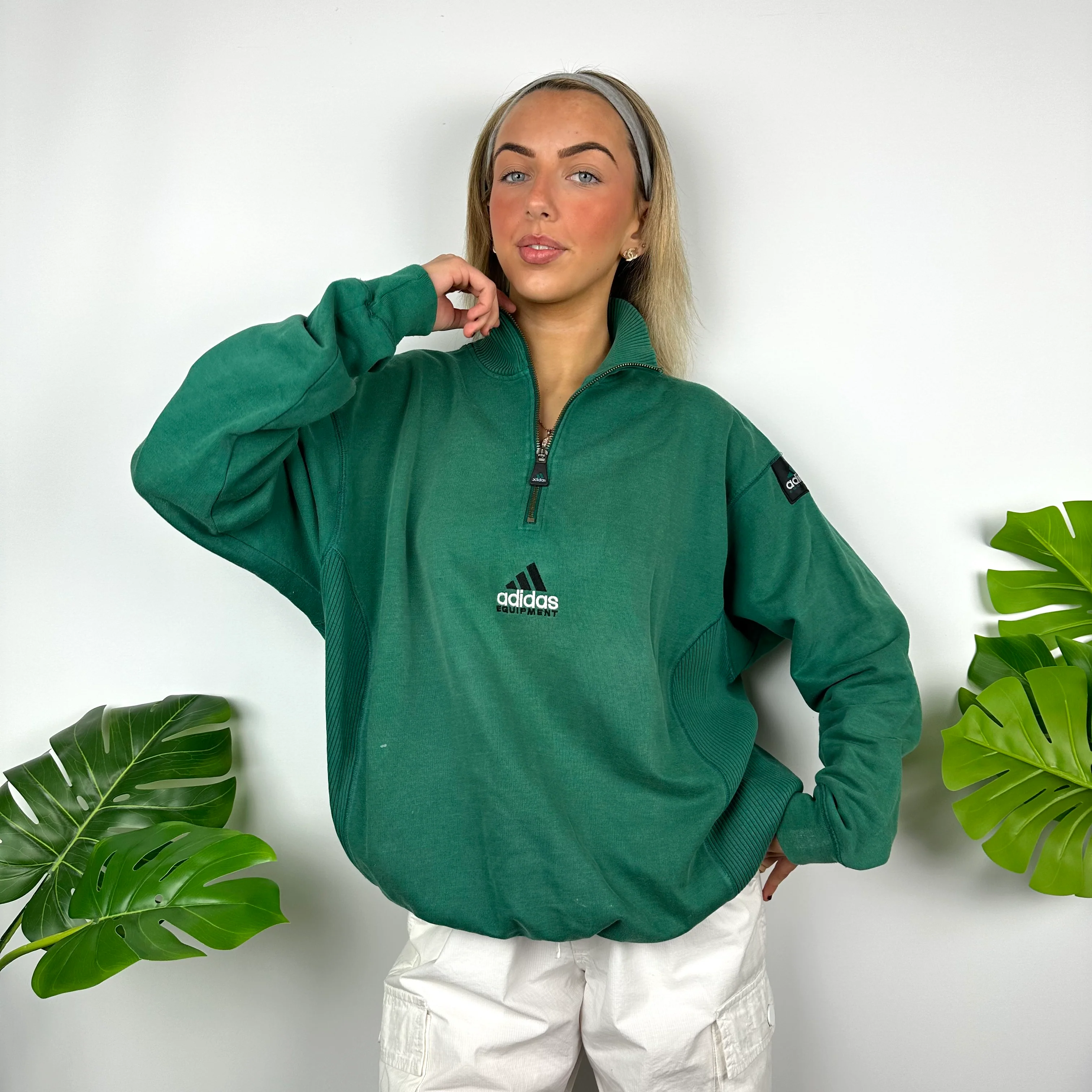 Adidas Equipment Emerald Green Embroidered Spell Out Quarter Zip Sweatshirt (M) - Image 6