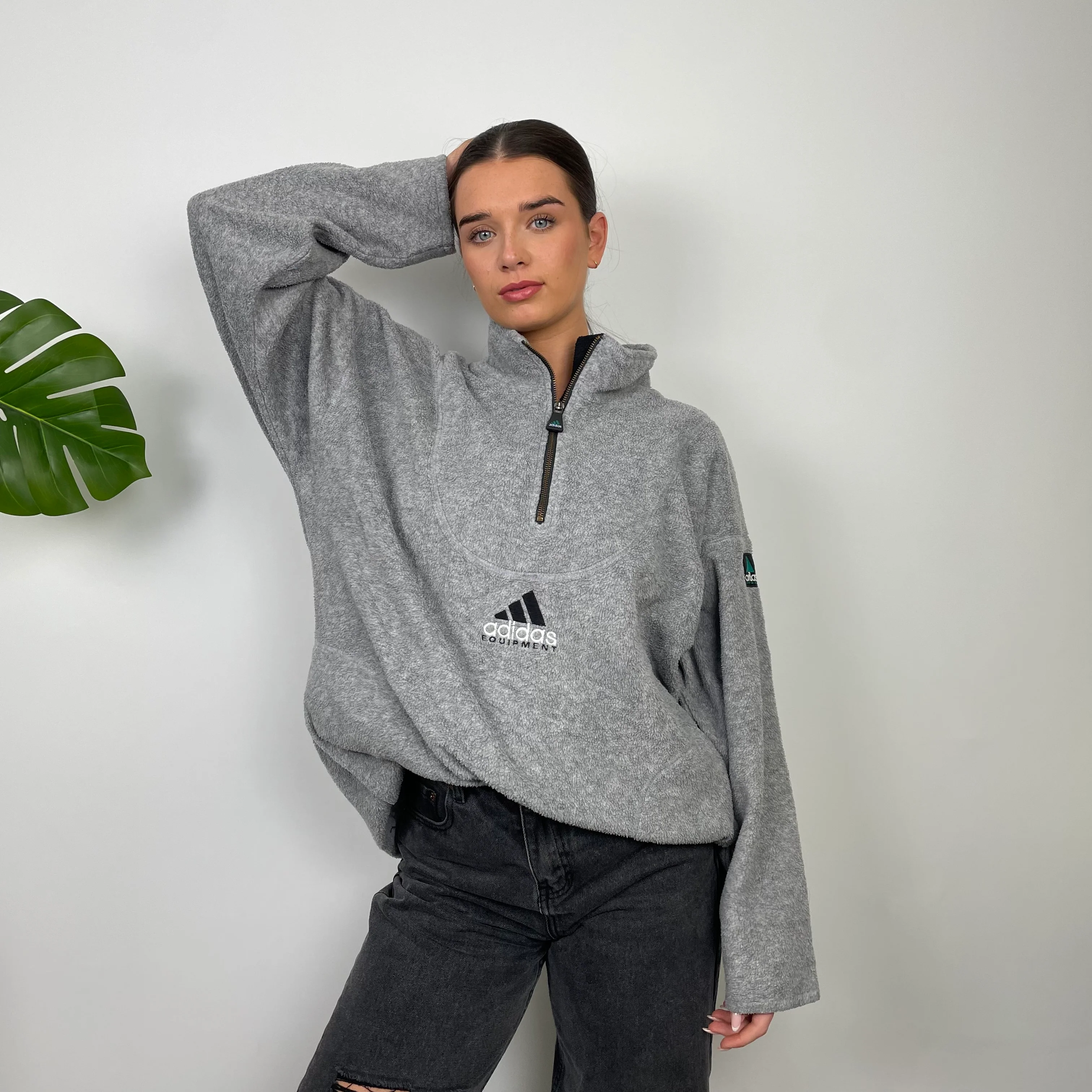 Adidas Equipment Grey Embroidered Spell Out Teddy Bear Fleece Quarter Zip Sweatshirt (XL) - Image 2