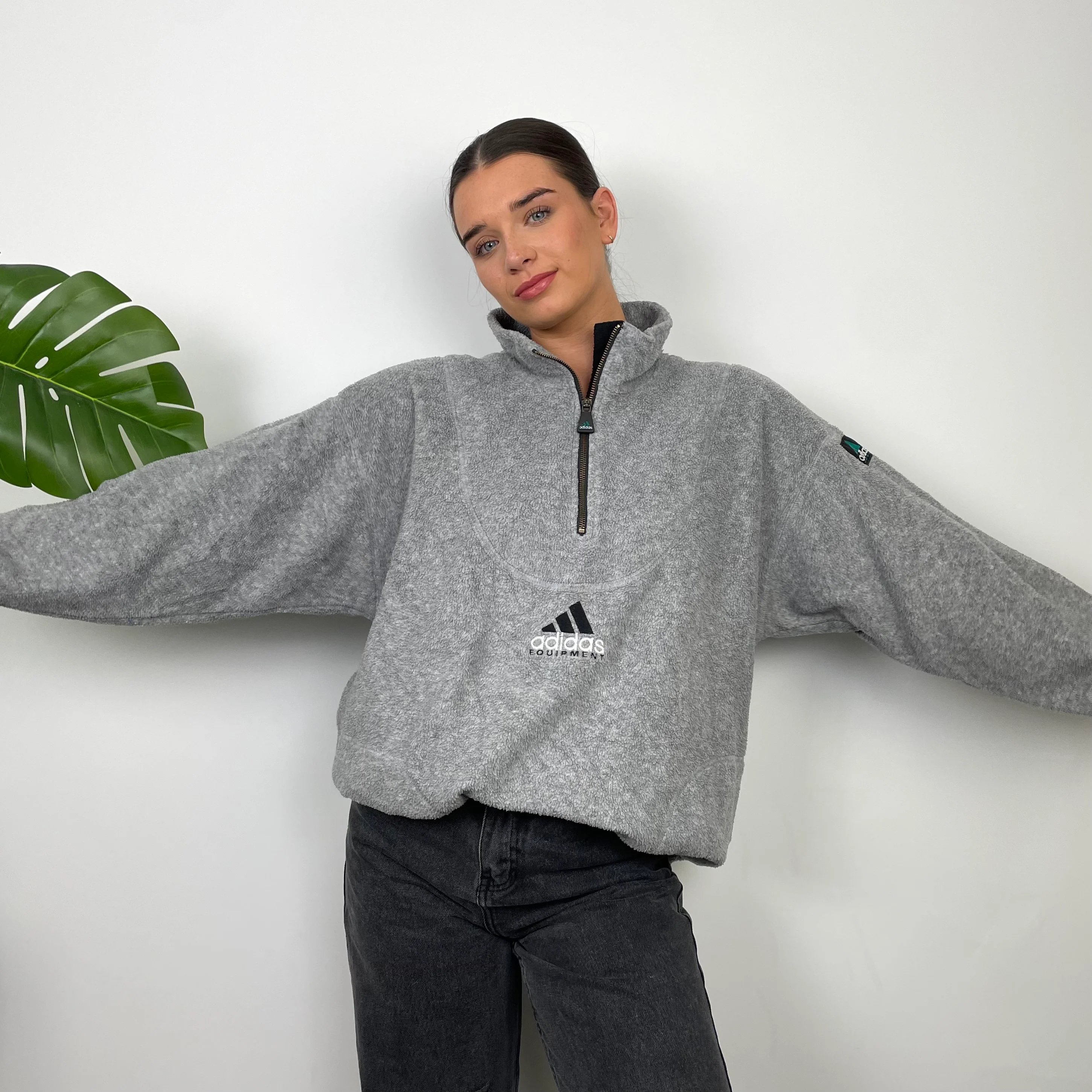 Adidas Equipment Grey Embroidered Spell Out Teddy Bear Fleece Quarter Zip Sweatshirt (XL) - Image 3