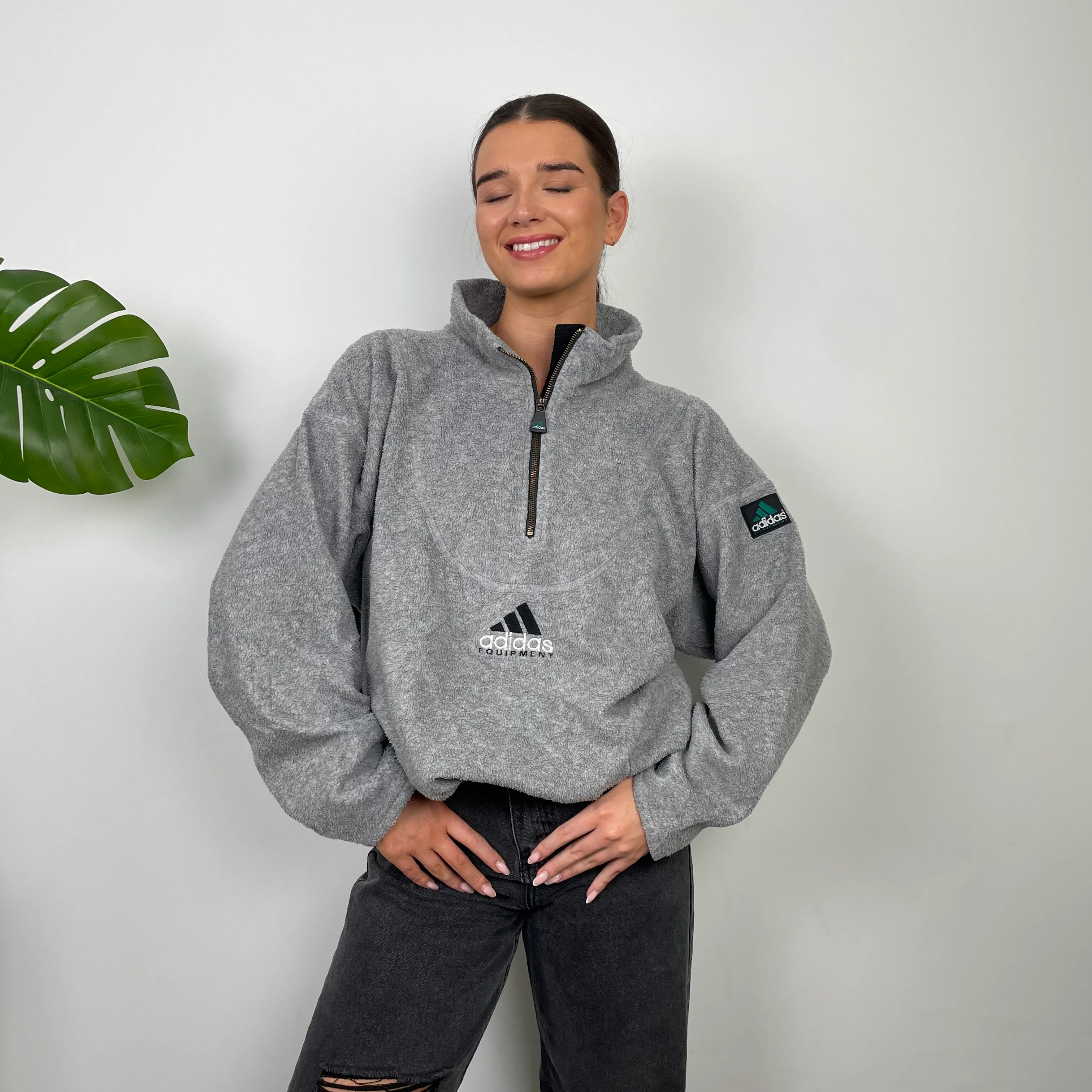 Adidas Equipment Grey Embroidered Spell Out Teddy Bear Fleece Quarter Zip Sweatshirt (XL) - Image 4