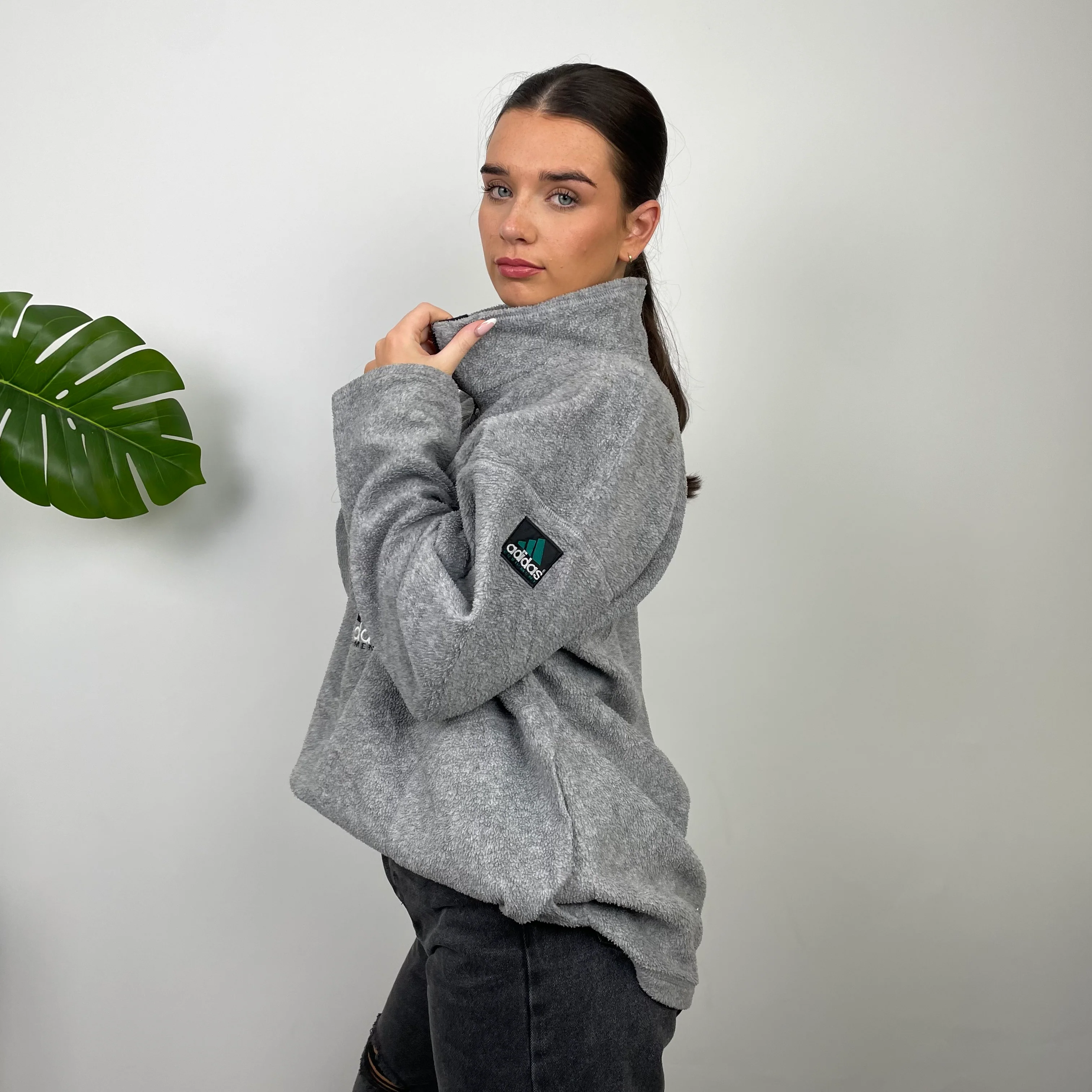 Adidas Equipment Grey Embroidered Spell Out Teddy Bear Fleece Quarter Zip Sweatshirt (XL) - Image 7