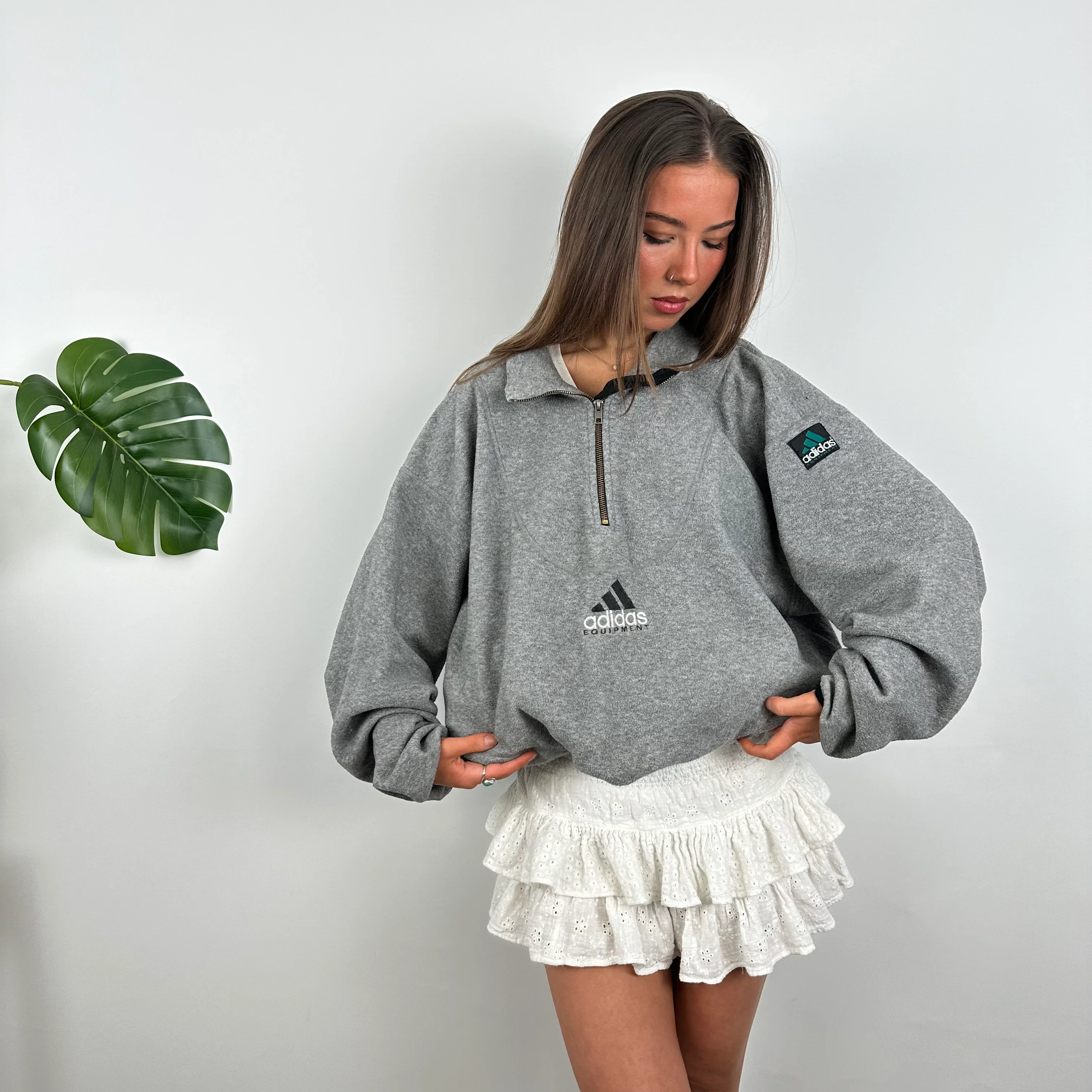 Adidas Equipment Grey Embroidered Spell Out Teddy Bear Fleece Quarter Zip Sweatshirt (XL) - Image 2