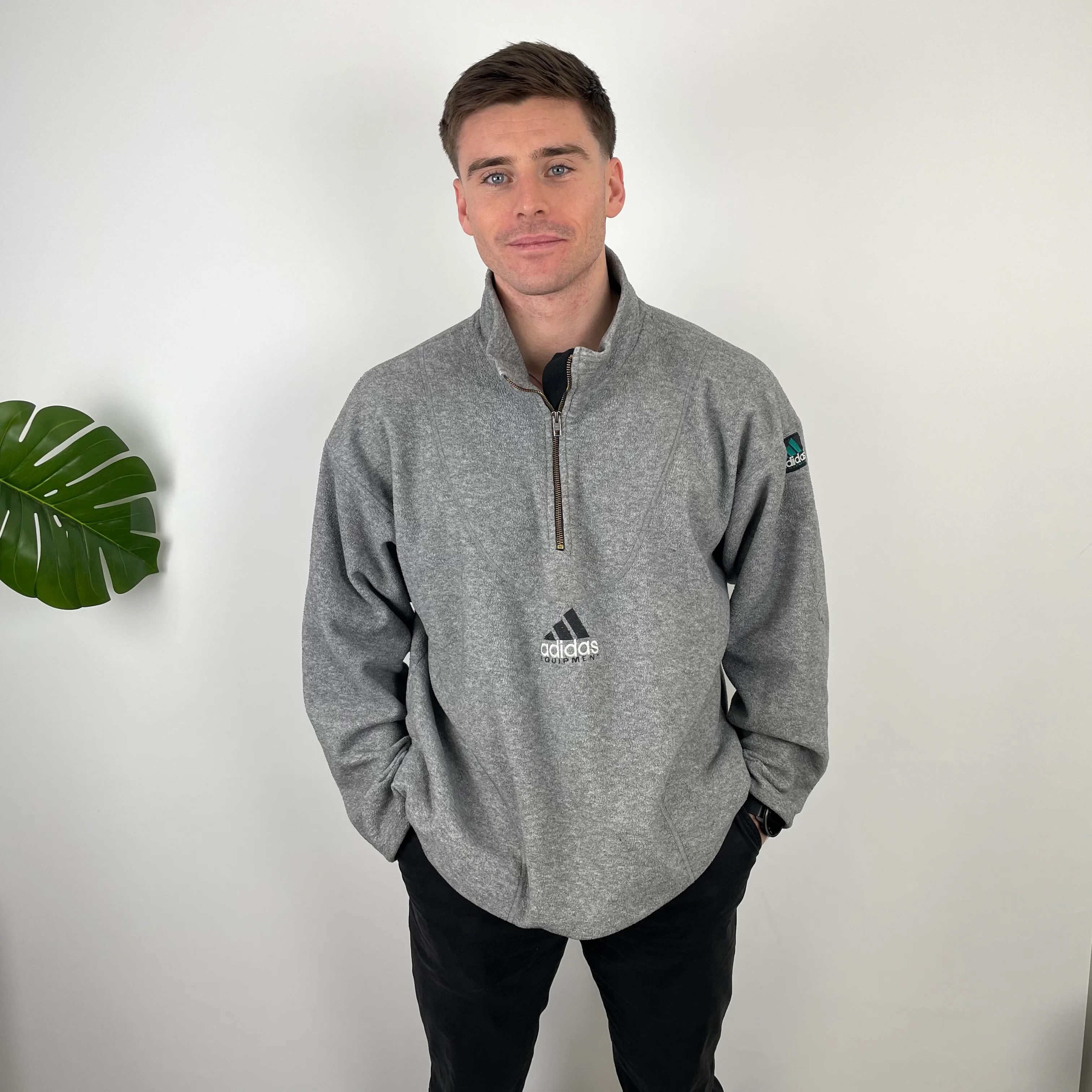 Adidas Equipment Grey Embroidered Spell Out Teddy Bear Fleece Quarter Zip Sweatshirt (XL)