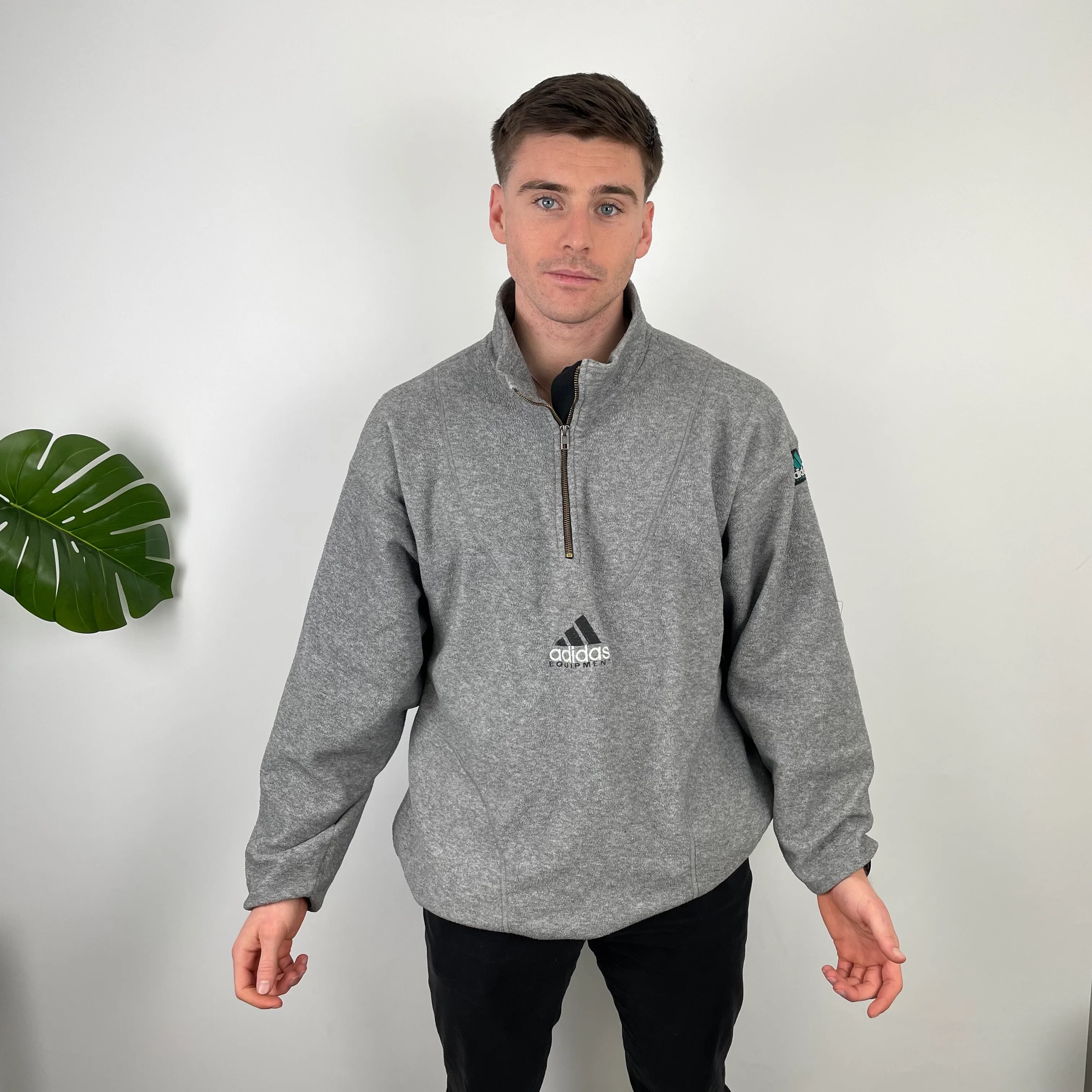 Adidas Equipment Grey Embroidered Spell Out Teddy Bear Fleece Quarter Zip Sweatshirt (XL) - Image 3