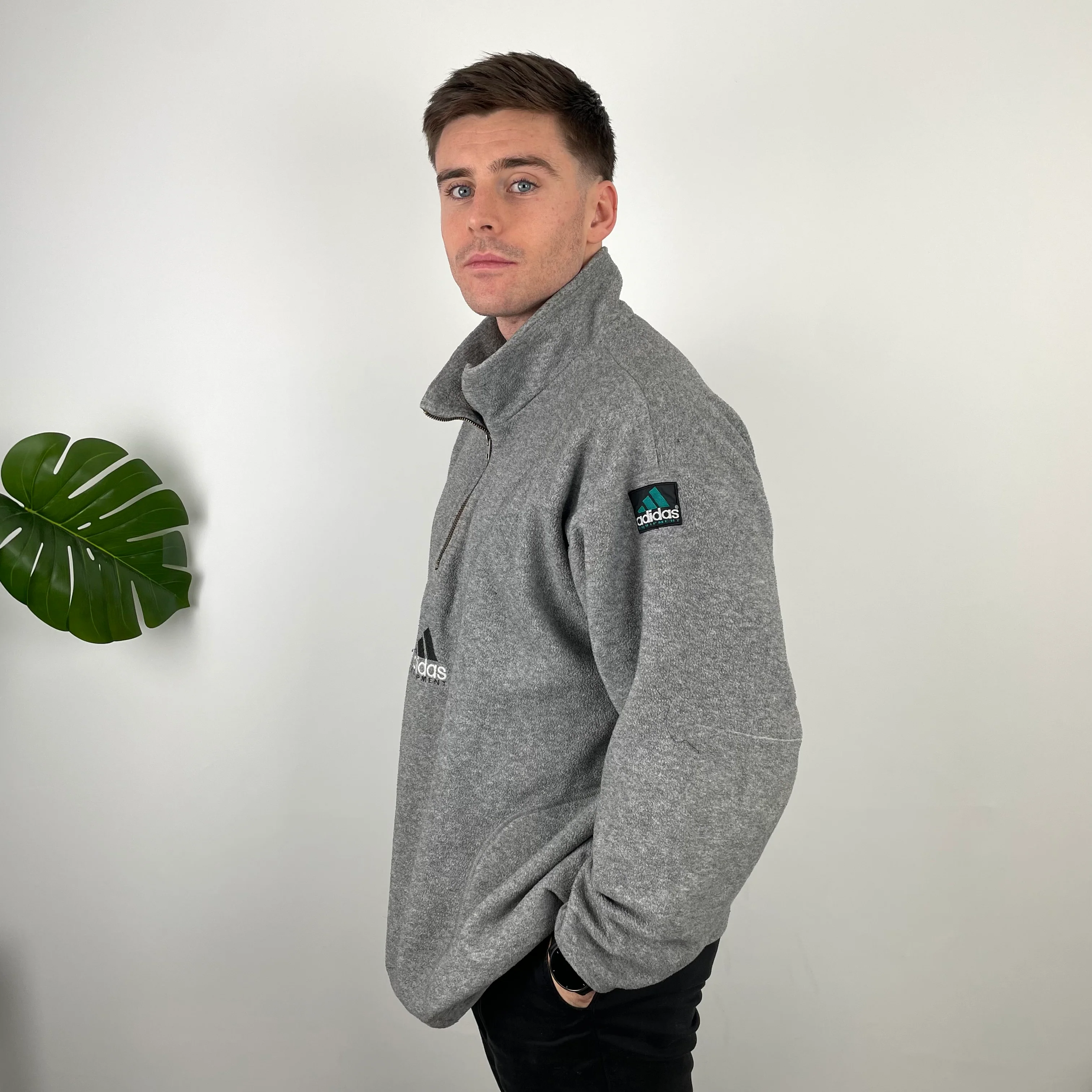 Adidas Equipment Grey Embroidered Spell Out Teddy Bear Fleece Quarter Zip Sweatshirt (XL) - Image 4