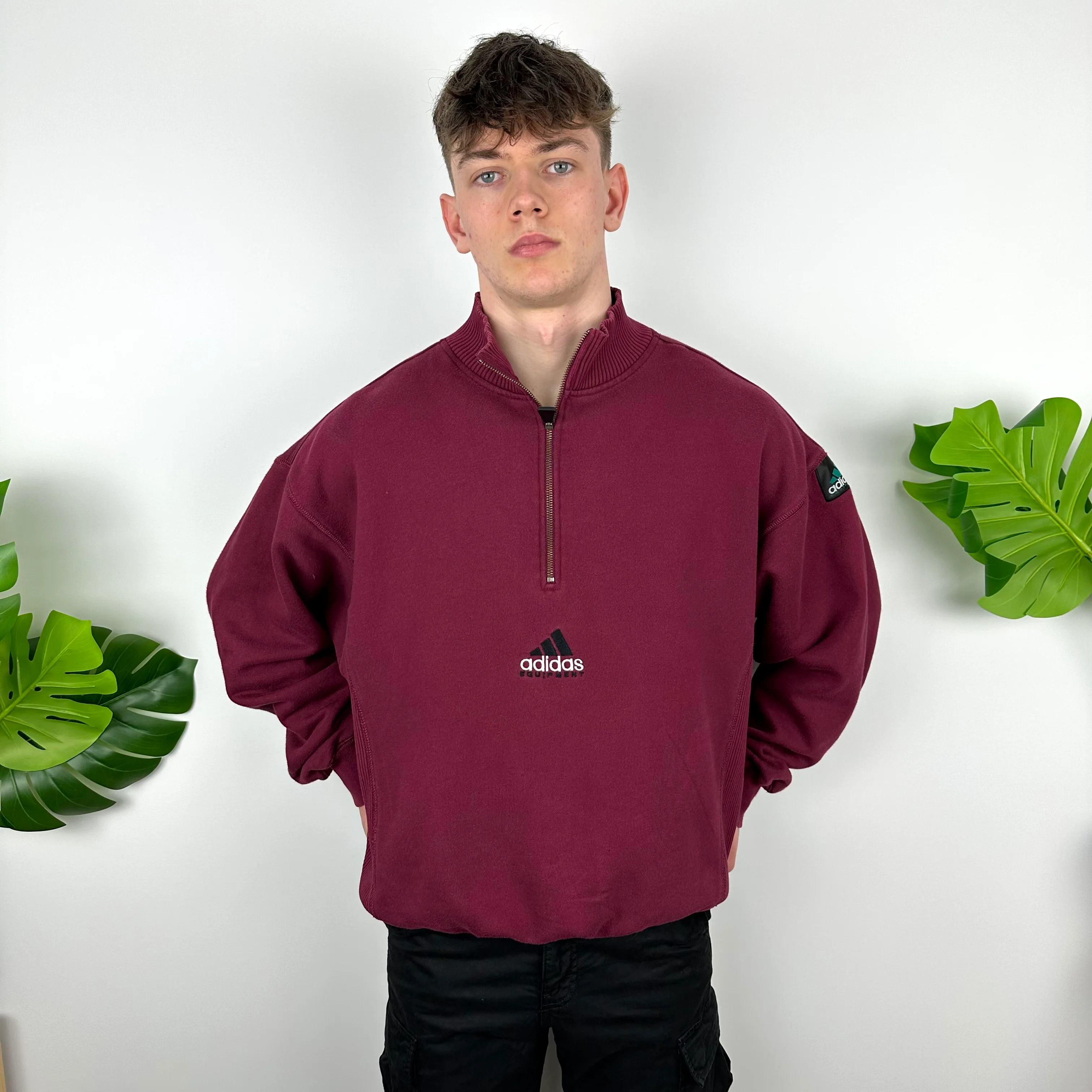Adidas Equipment Maroon Embroidered Spell Out Quarter Zip Sweatshirt (L) - Image 2