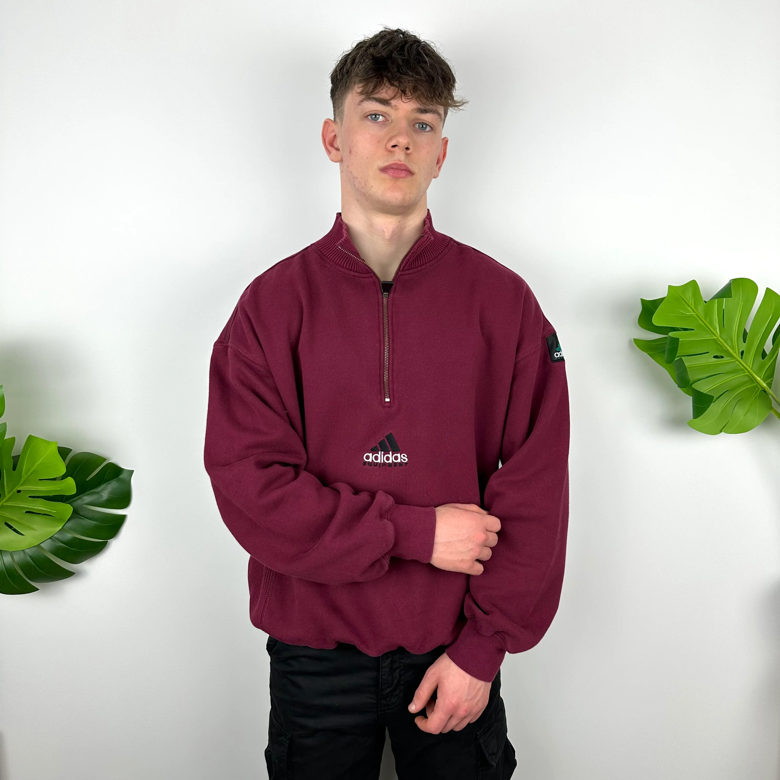 Adidas Equipment Maroon Embroidered Spell Out Quarter Zip Sweatshirt (L) - Image 3