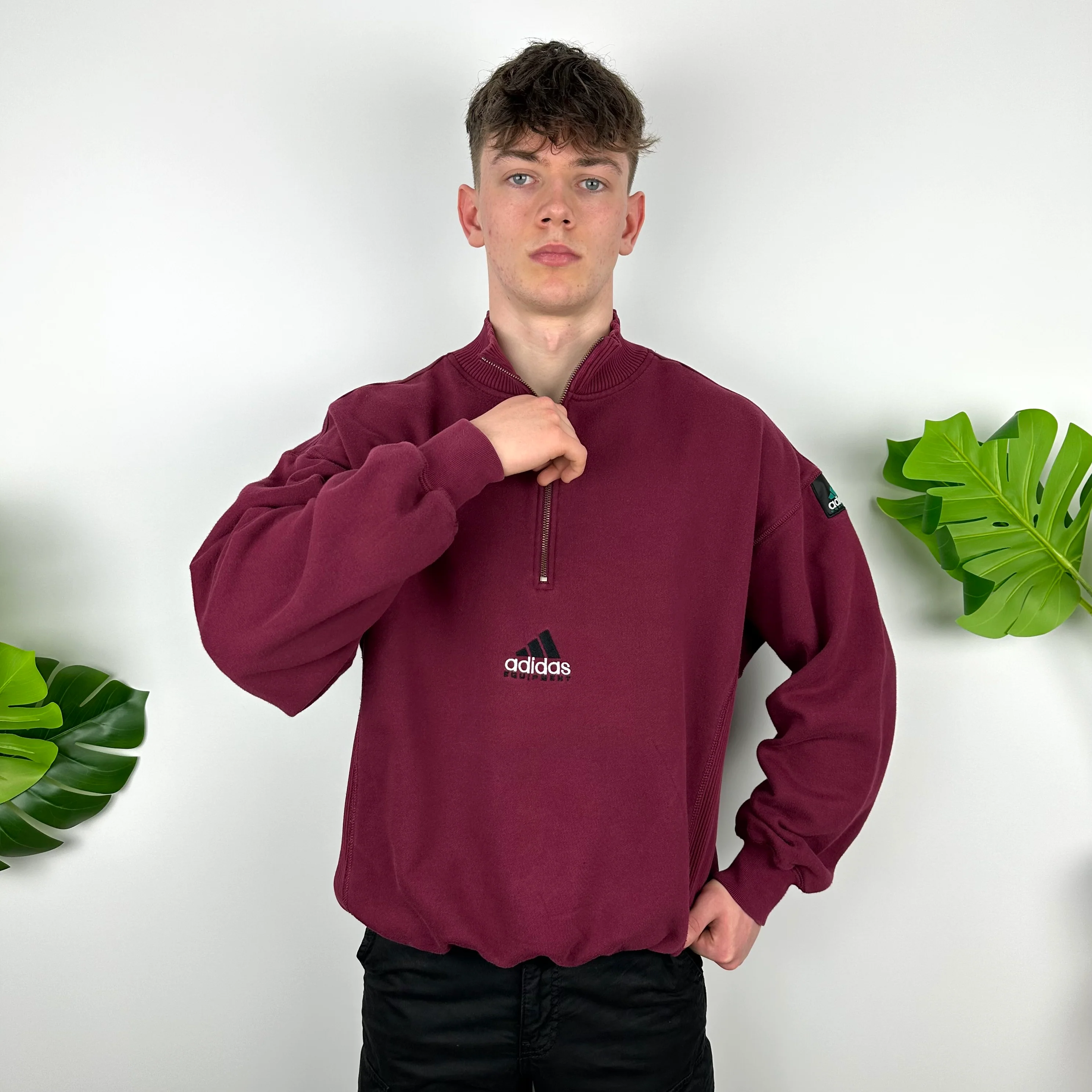 Adidas Equipment Maroon Embroidered Spell Out Quarter Zip Sweatshirt (L) - Image 5