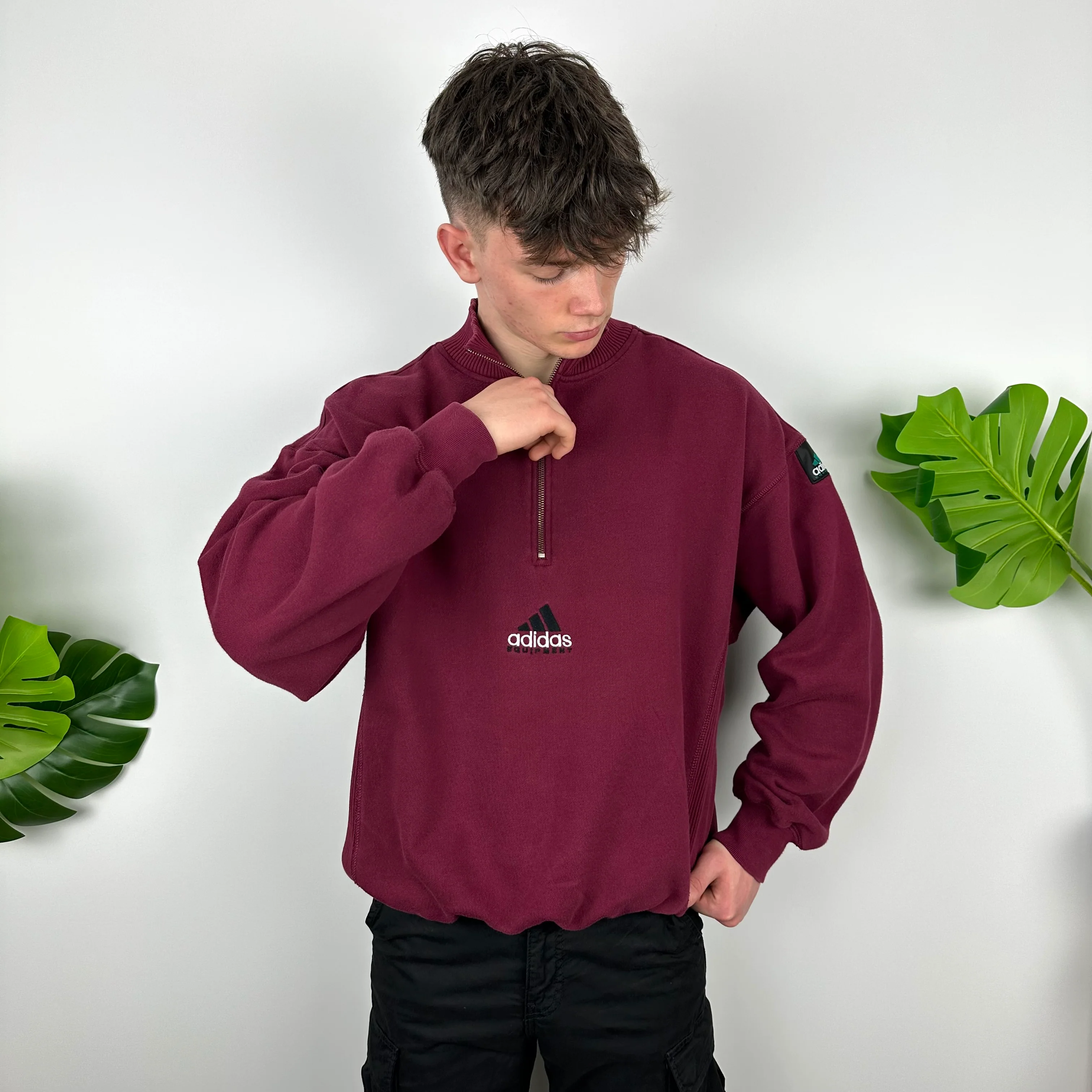 Adidas Equipment Maroon Embroidered Spell Out Quarter Zip Sweatshirt (L) - Image 7