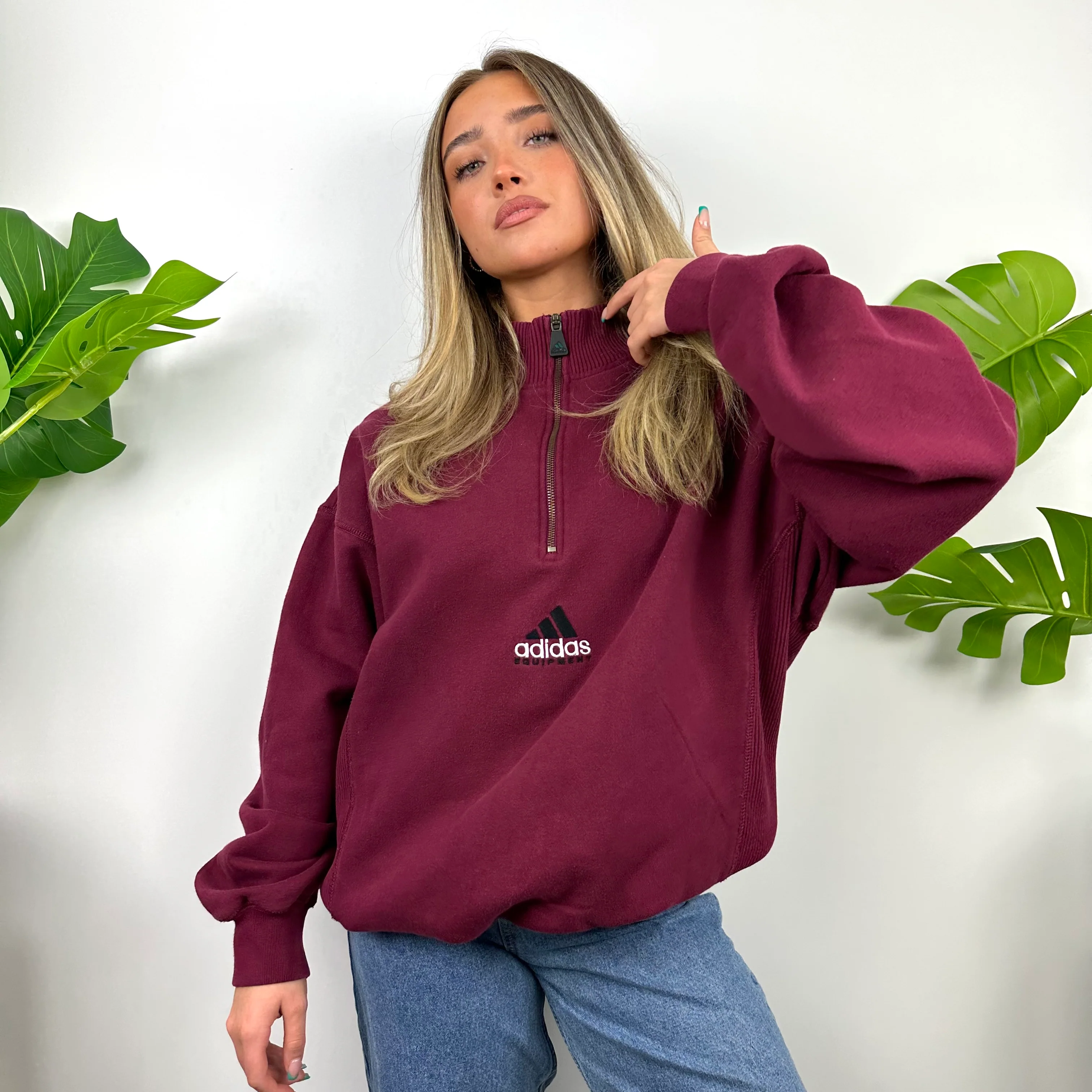 Adidas Equipment Maroon Embroidered Spell Out Quarter Zip Sweatshirt (L) - Image 2
