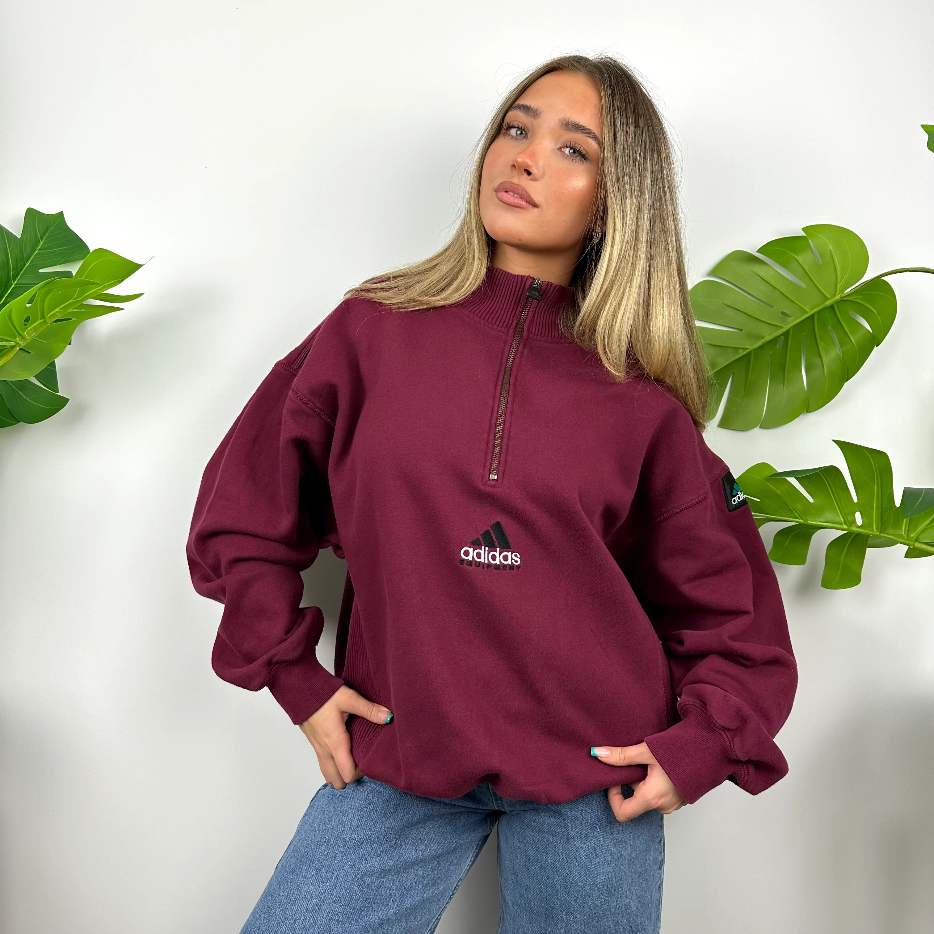 Adidas Equipment Maroon Embroidered Spell Out Quarter Zip Sweatshirt (L) - Image 3