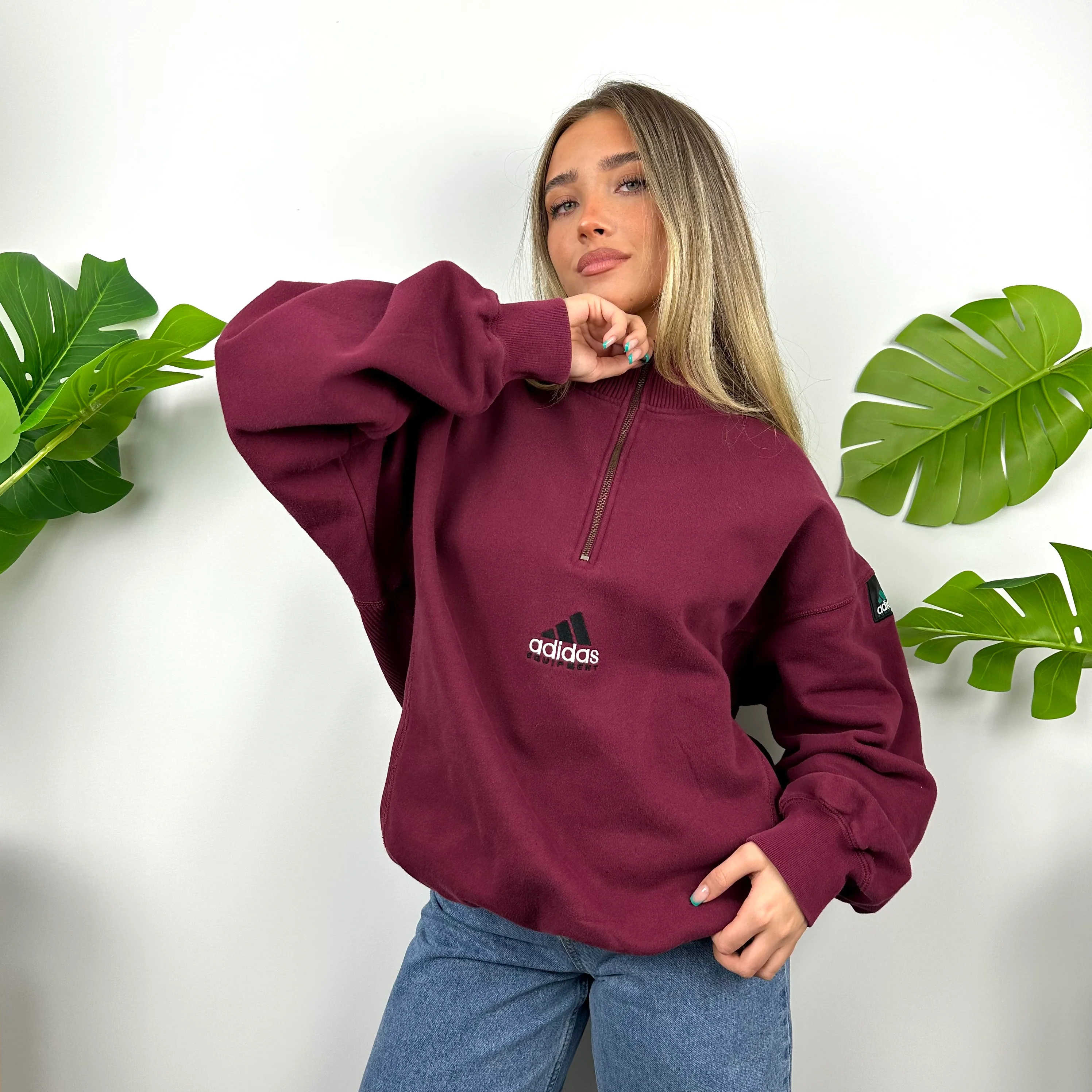 Adidas Equipment Maroon Embroidered Spell Out Quarter Zip Sweatshirt (L) - Image 4