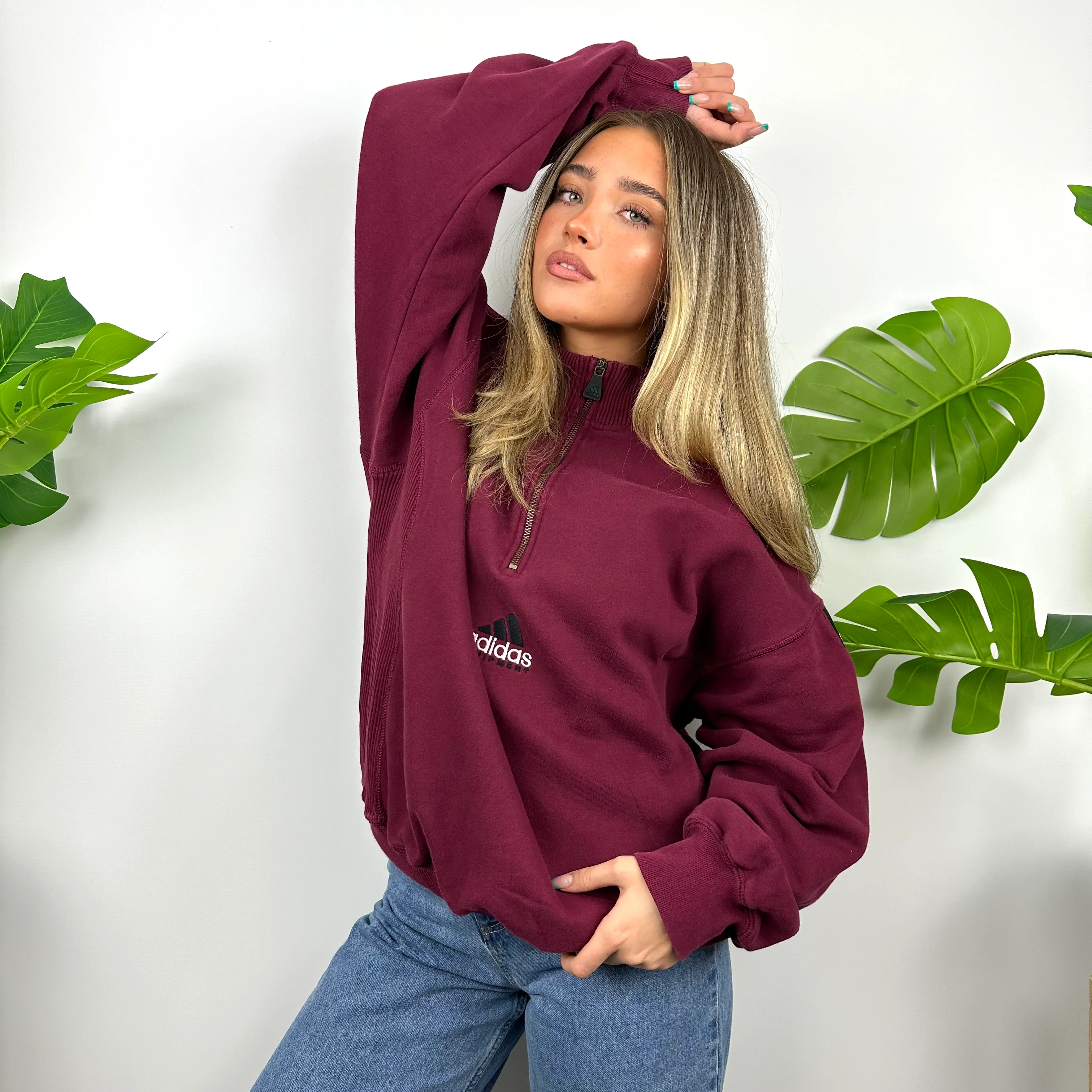 Adidas Equipment Maroon Embroidered Spell Out Quarter Zip Sweatshirt (L) - Image 5