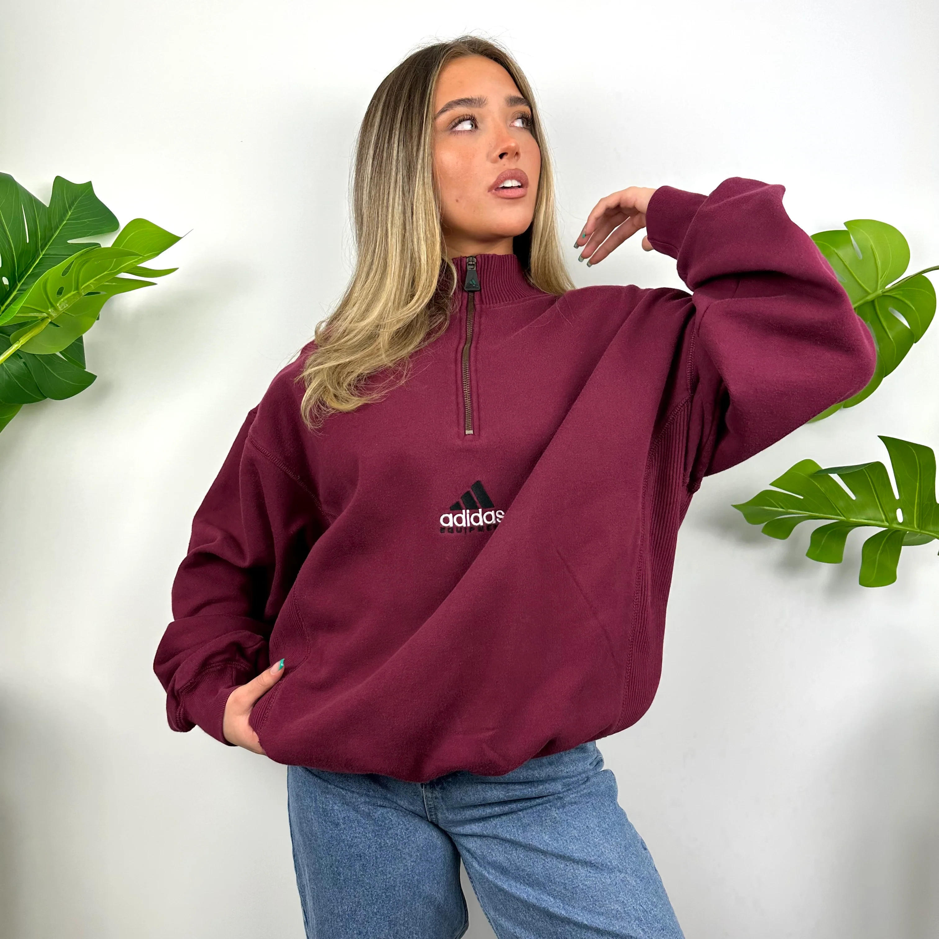 Adidas Equipment Maroon Embroidered Spell Out Quarter Zip Sweatshirt (L) - Image 6