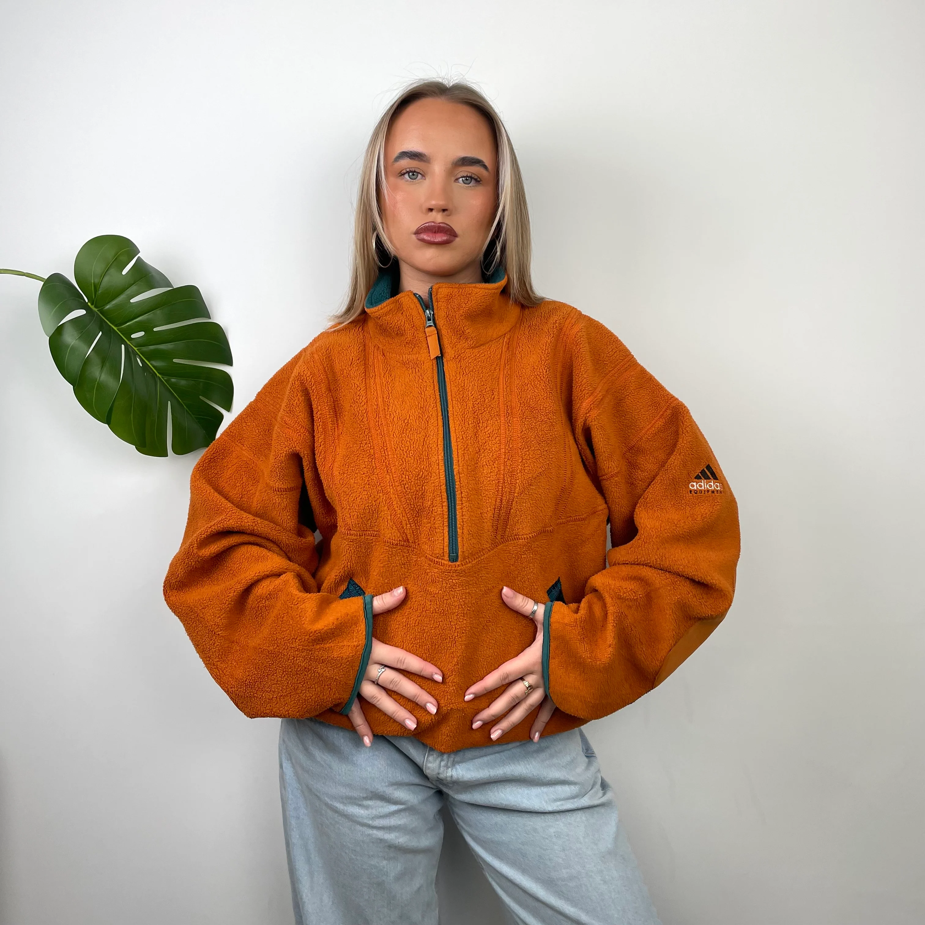 Adidas Equipment Orange Embroidered Spell Out Teddy Bear Fleece Quarter Zip Sweatshirt (L) - Image 2
