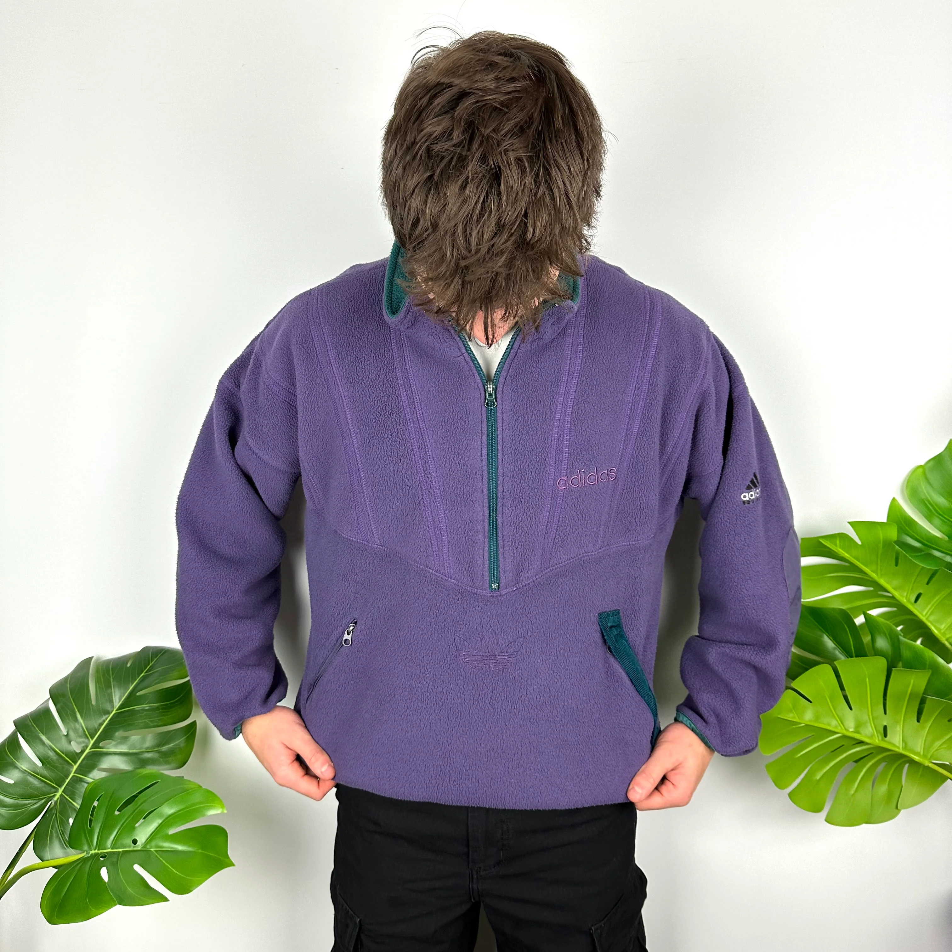 Adidas Equipment Purple Embroidered Spell Out Teddy Bear Fleece Quarter Zip Sweatshirt (L) - Image 2