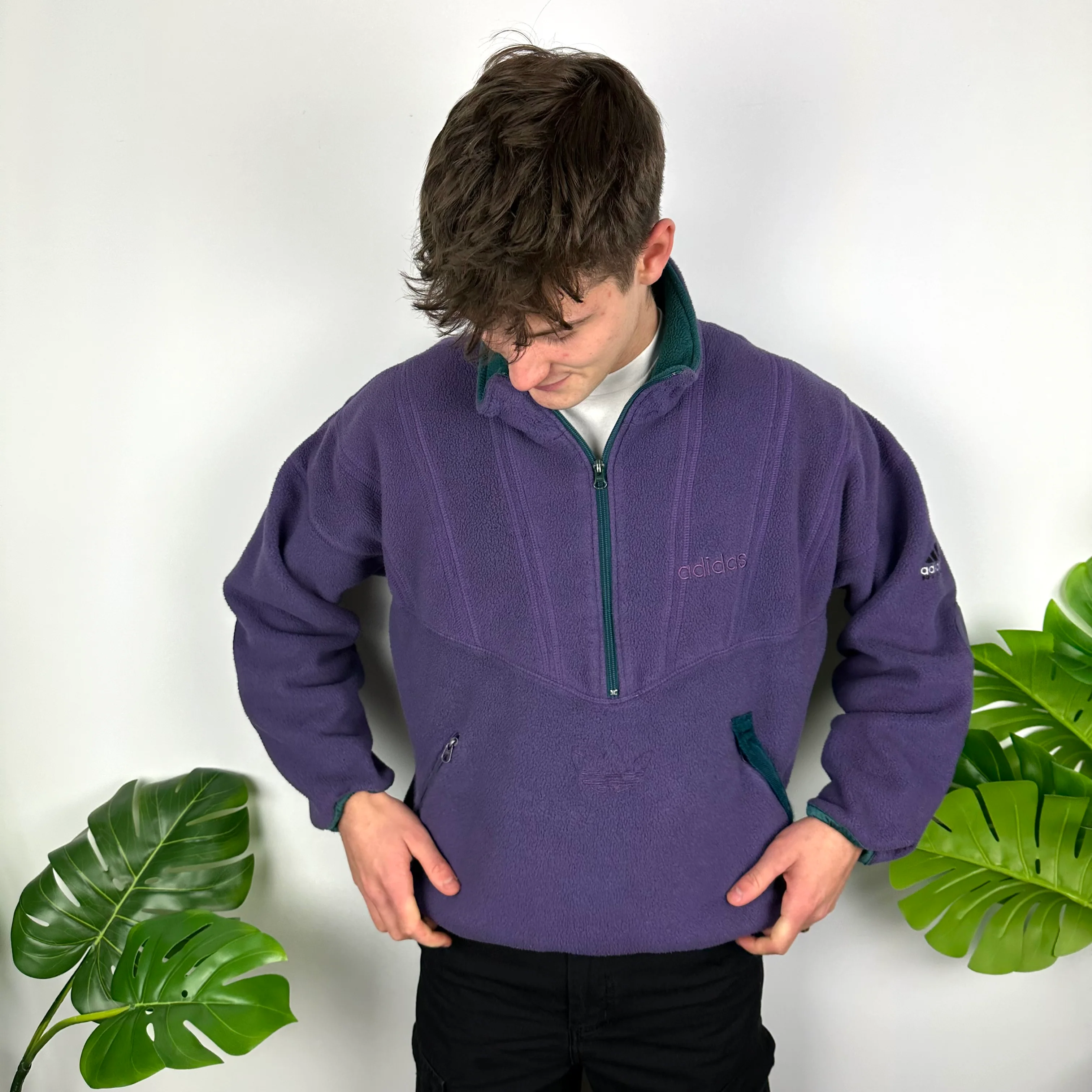 Adidas Equipment Purple Embroidered Spell Out Teddy Bear Fleece Quarter Zip Sweatshirt (L) - Image 3