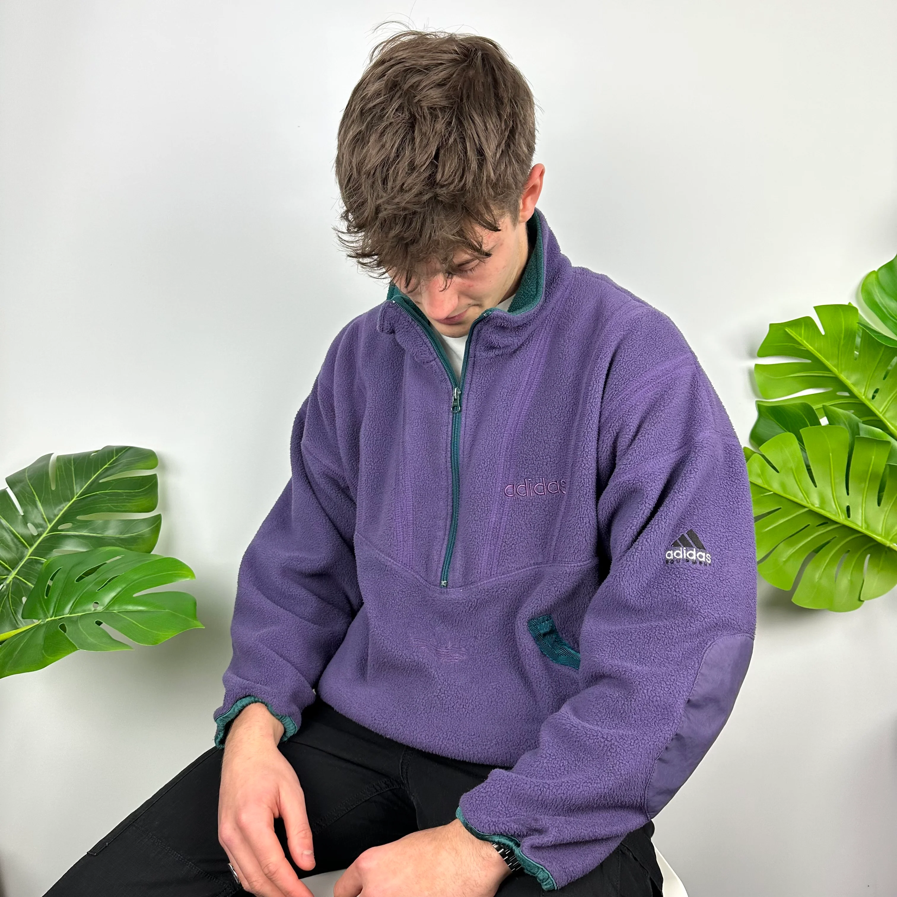 Adidas Equipment Purple Embroidered Spell Out Teddy Bear Fleece Quarter Zip Sweatshirt (L) - Image 5