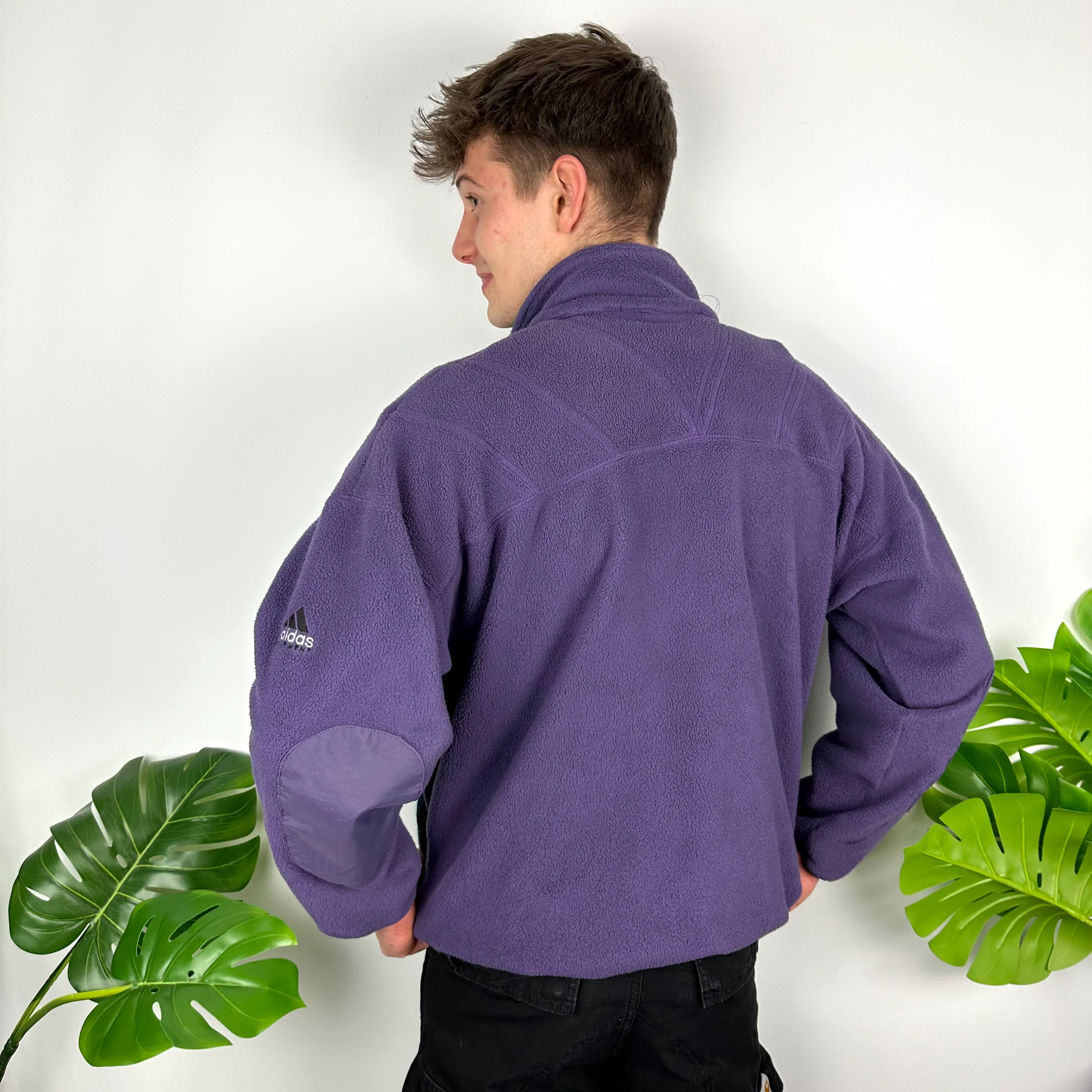 Adidas Equipment Purple Embroidered Spell Out Teddy Bear Fleece Quarter Zip Sweatshirt (L) - Image 7