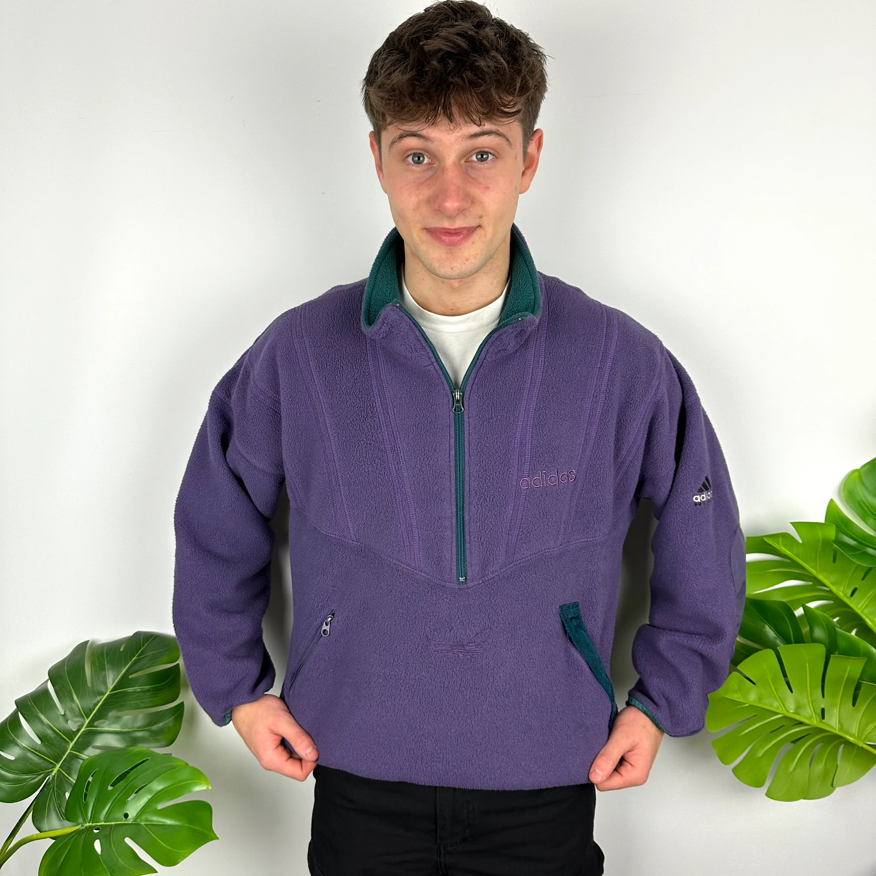 Adidas Equipment Purple Embroidered Spell Out Teddy Bear Fleece Quarter Zip Sweatshirt (L) - Image 8