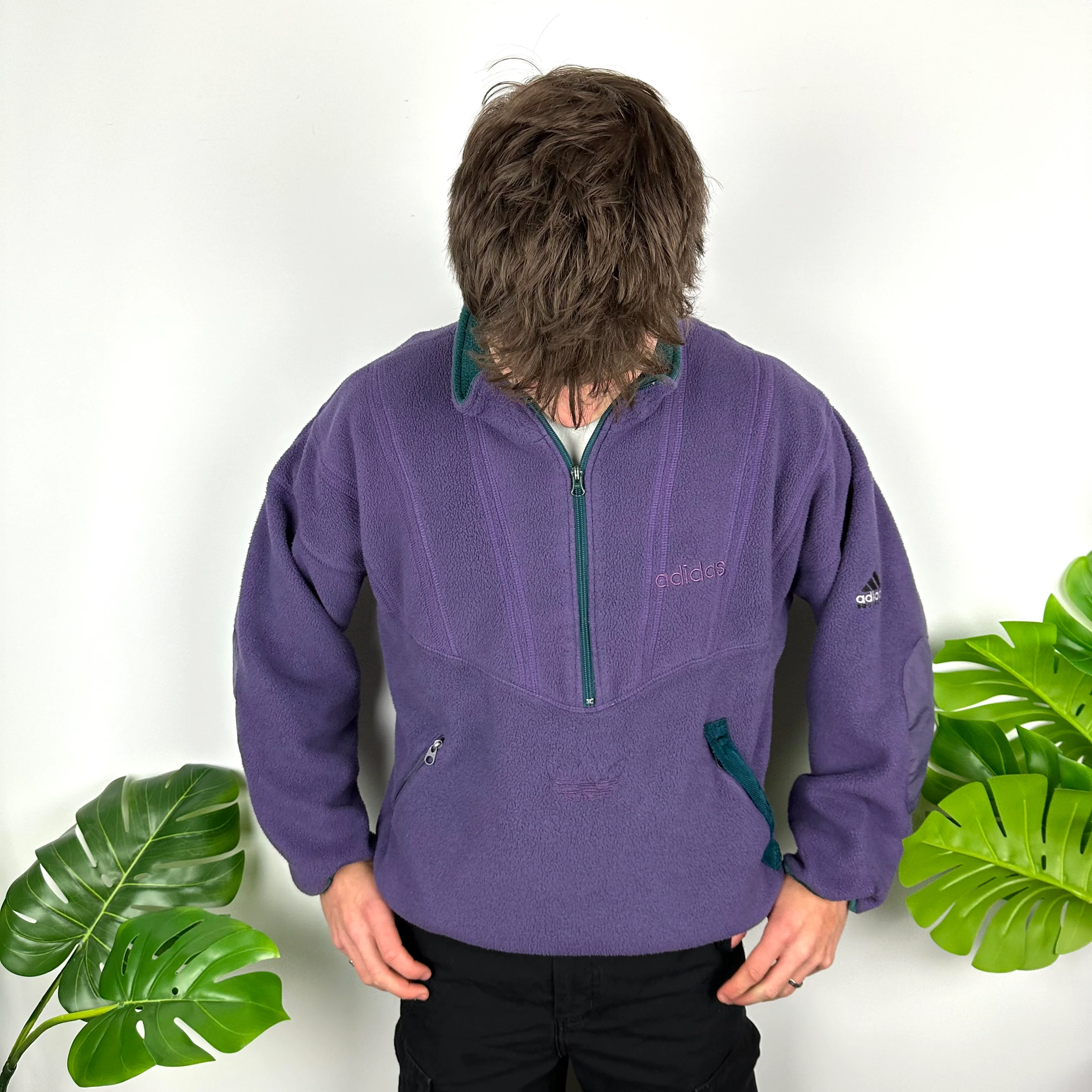 Adidas Equipment Purple Embroidered Spell Out Teddy Bear Fleece Quarter Zip Sweatshirt (L) - Image 9