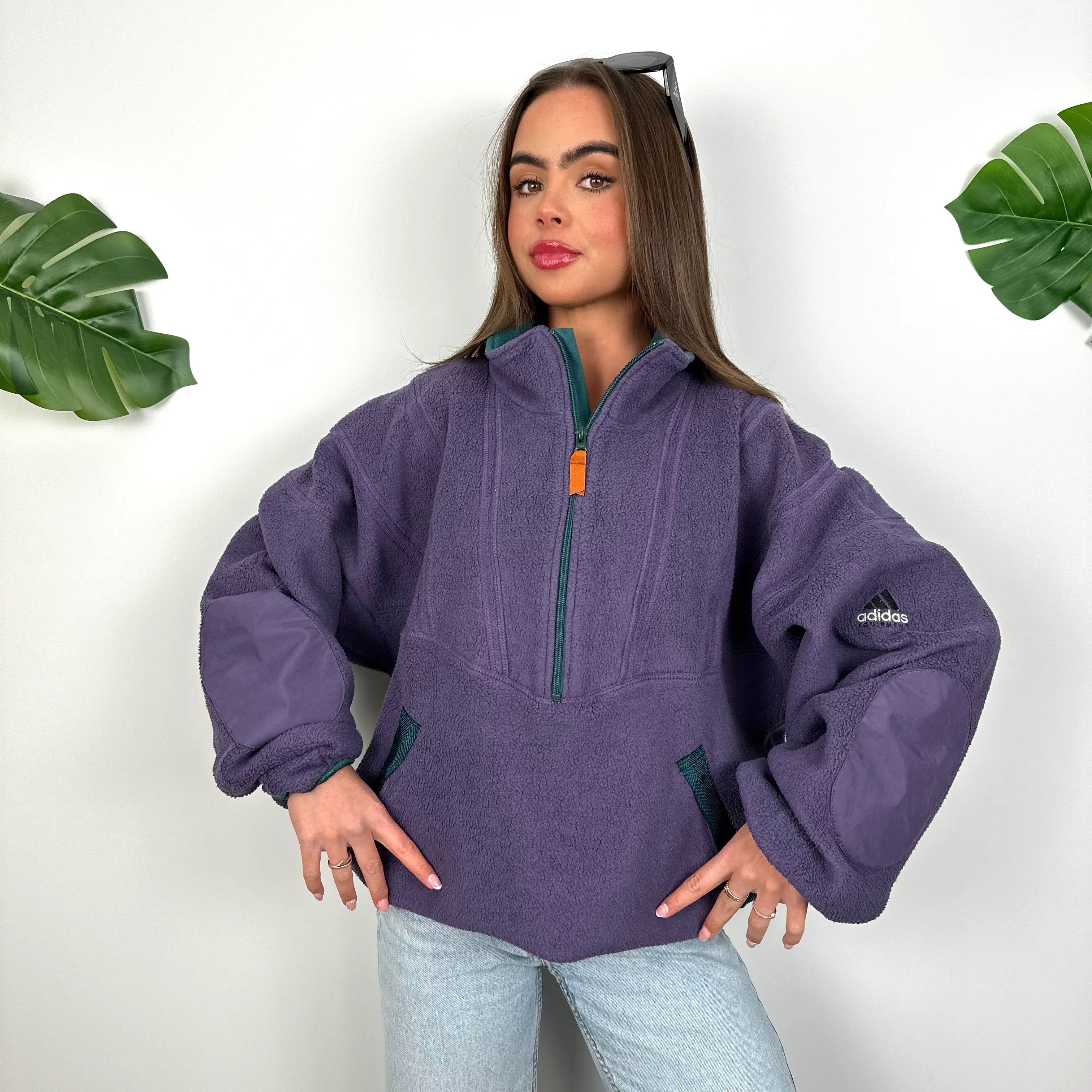 Adidas Equipment Purple Embroidered Spell Out Teddy Bear Fleece Quarter Zip Sweatshirt (L)