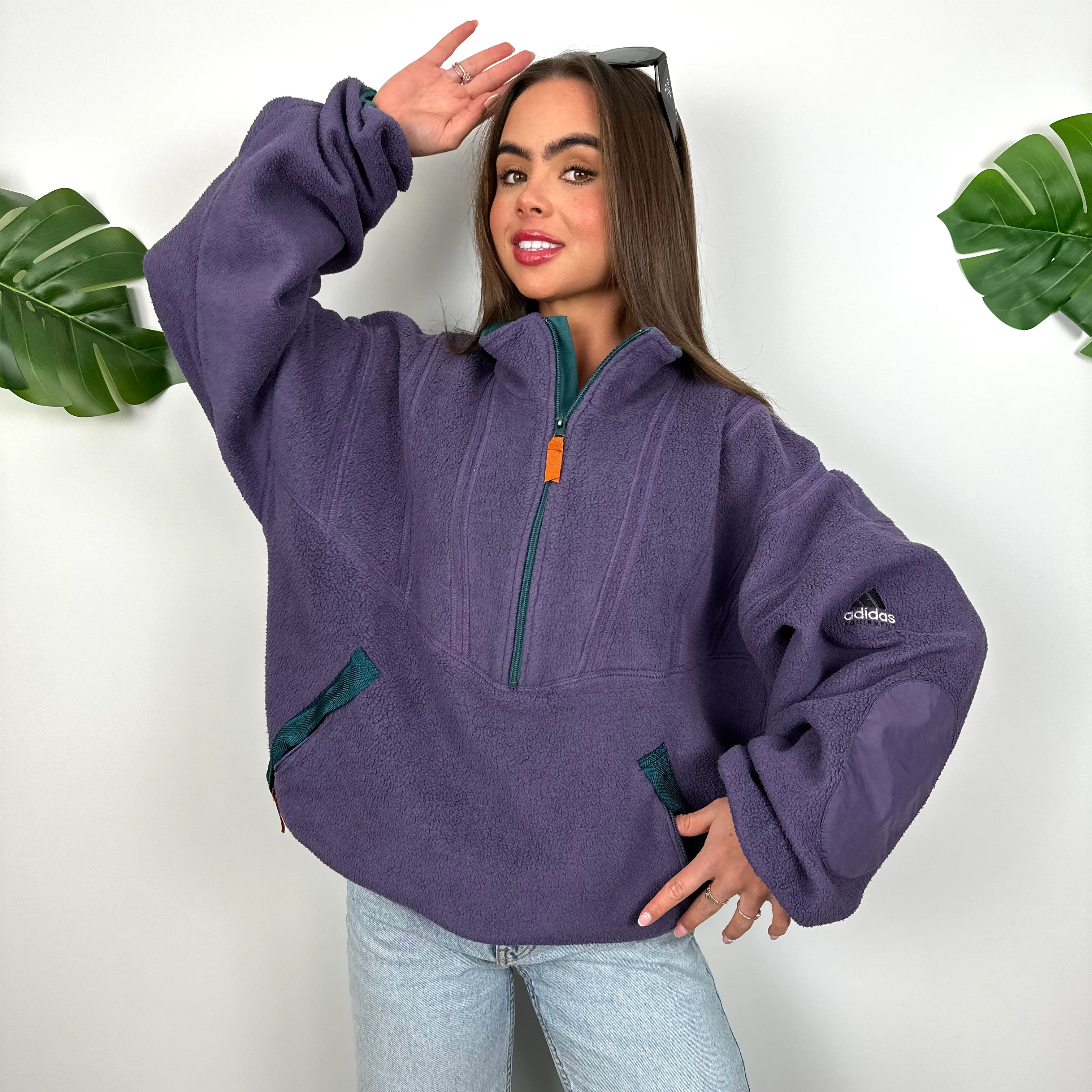 Adidas Equipment Purple Embroidered Spell Out Teddy Bear Fleece Quarter Zip Sweatshirt (L) - Image 2