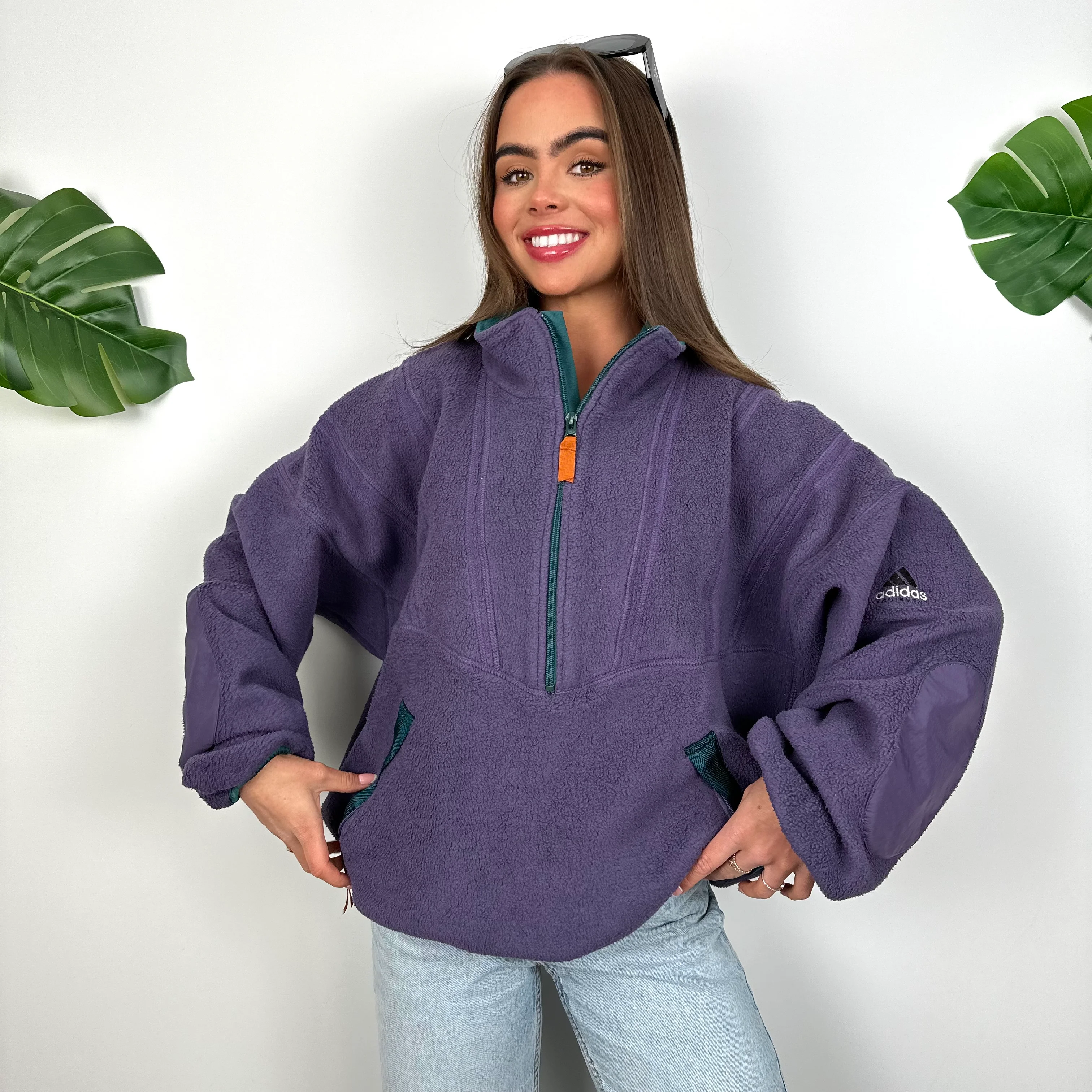 Adidas Equipment Purple Embroidered Spell Out Teddy Bear Fleece Quarter Zip Sweatshirt (L) - Image 3