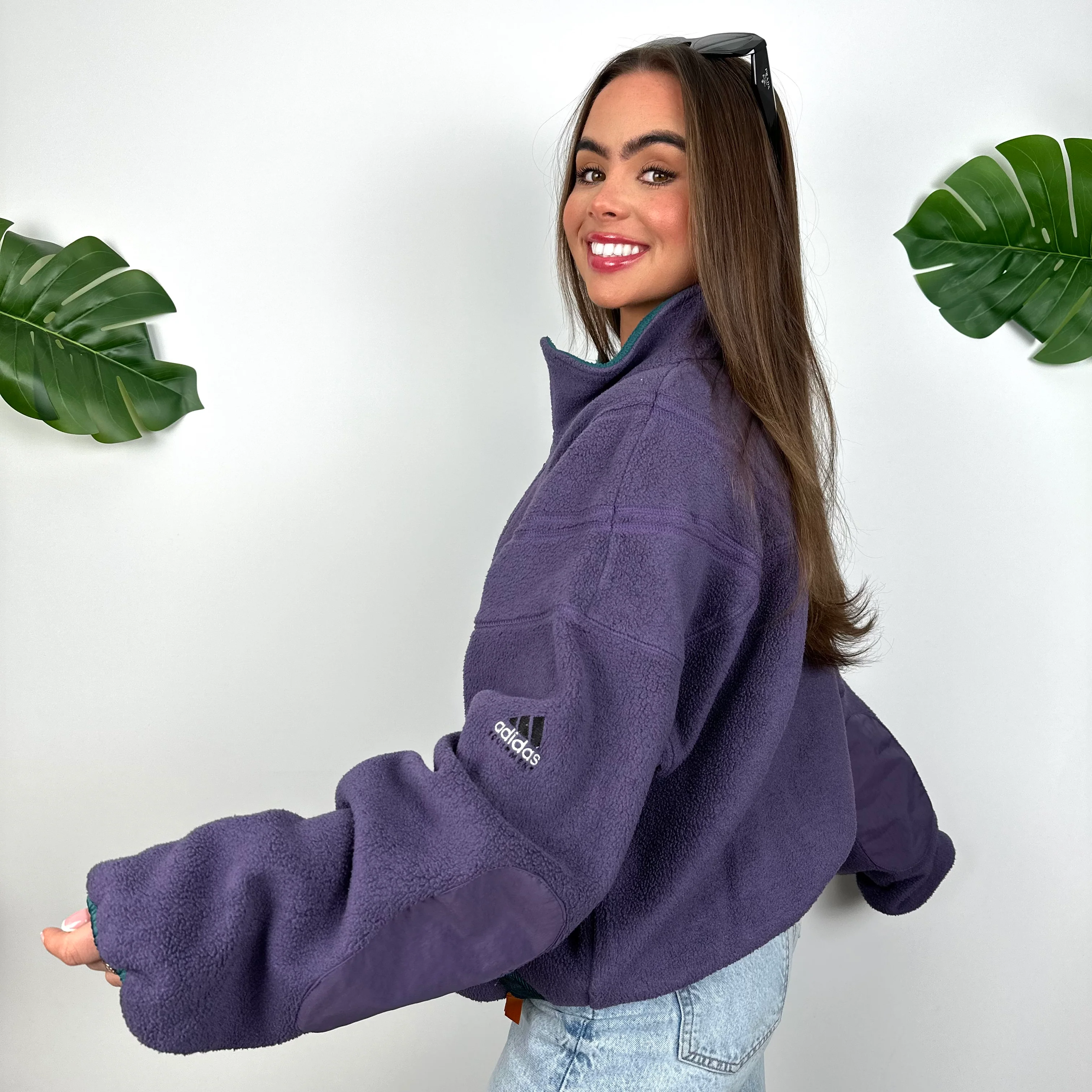 Adidas Equipment Purple Embroidered Spell Out Teddy Bear Fleece Quarter Zip Sweatshirt (L) - Image 4