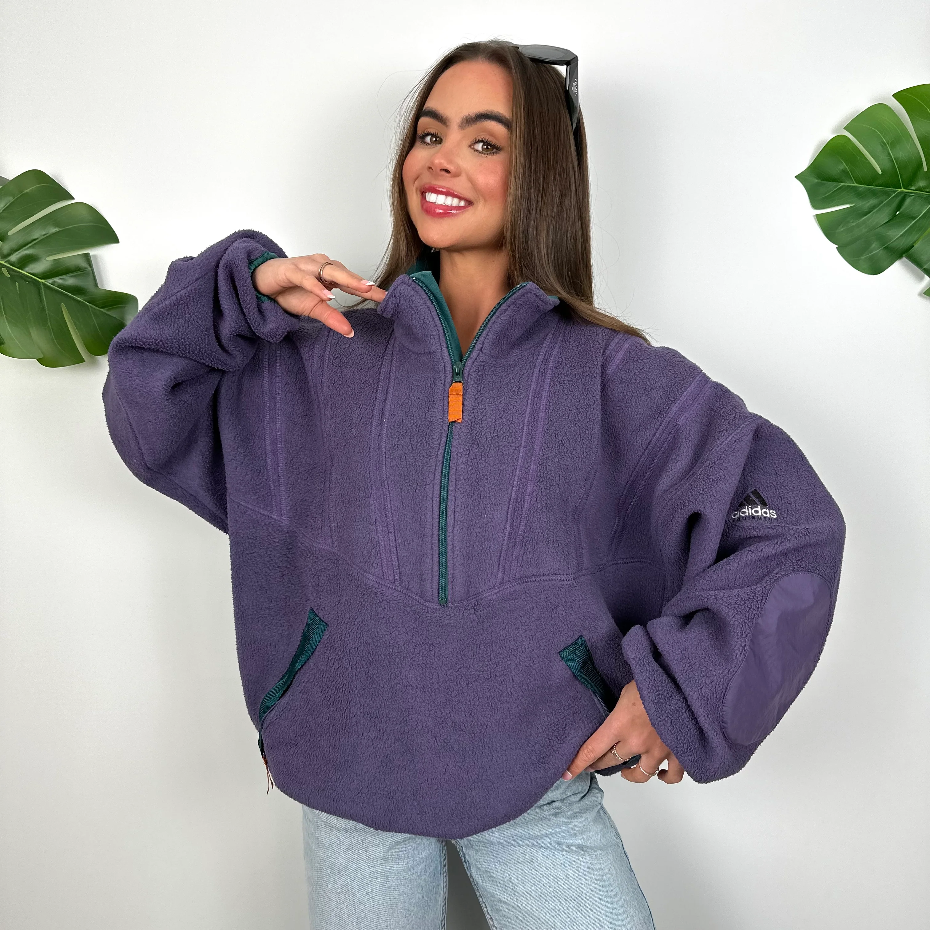 Adidas Equipment Purple Embroidered Spell Out Teddy Bear Fleece Quarter Zip Sweatshirt (L) - Image 5
