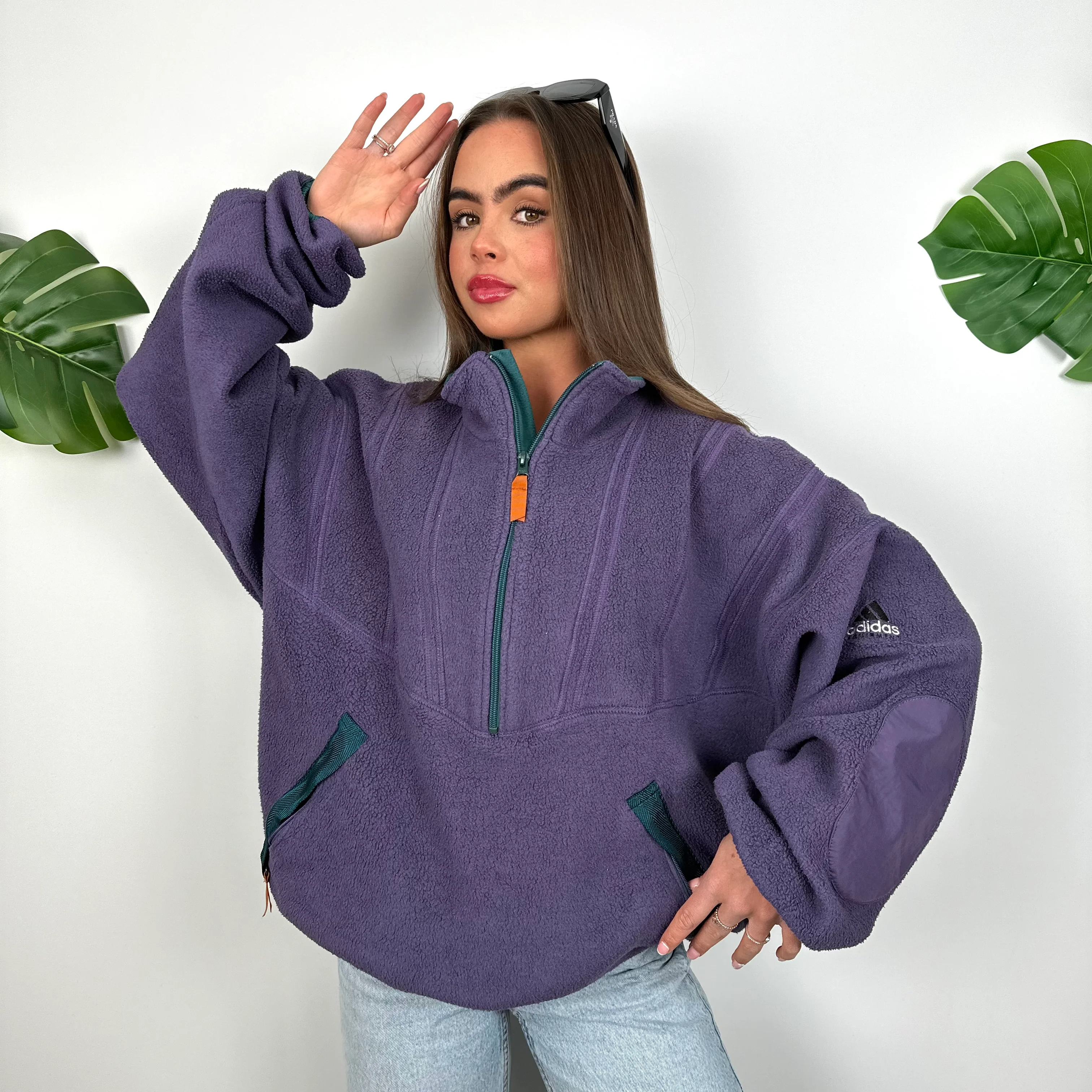 Adidas Equipment Purple Embroidered Spell Out Teddy Bear Fleece Quarter Zip Sweatshirt (L) - Image 6